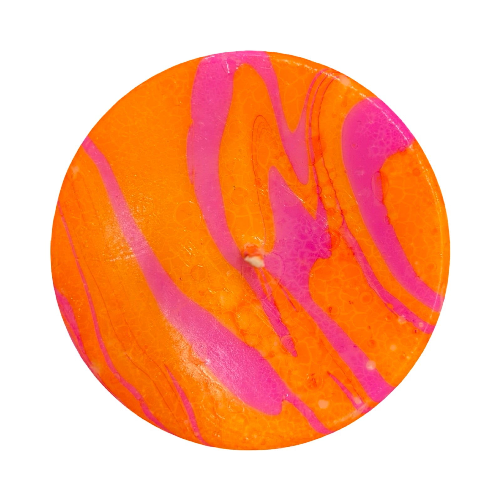 Pillar candle hand-poured with unscented soy wax and dip-dyed in orange and pastel pink to create a pretty marble swirl.