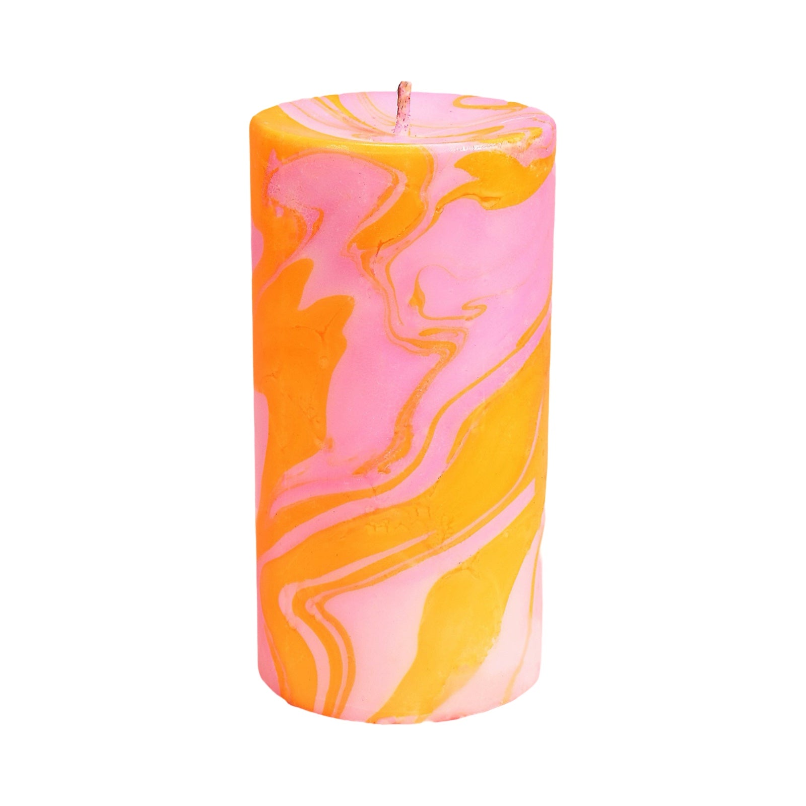 Pillar candle hand-poured with unscented soy wax and dip-dyed in orange and pastel pink to create a pretty marble swirl.