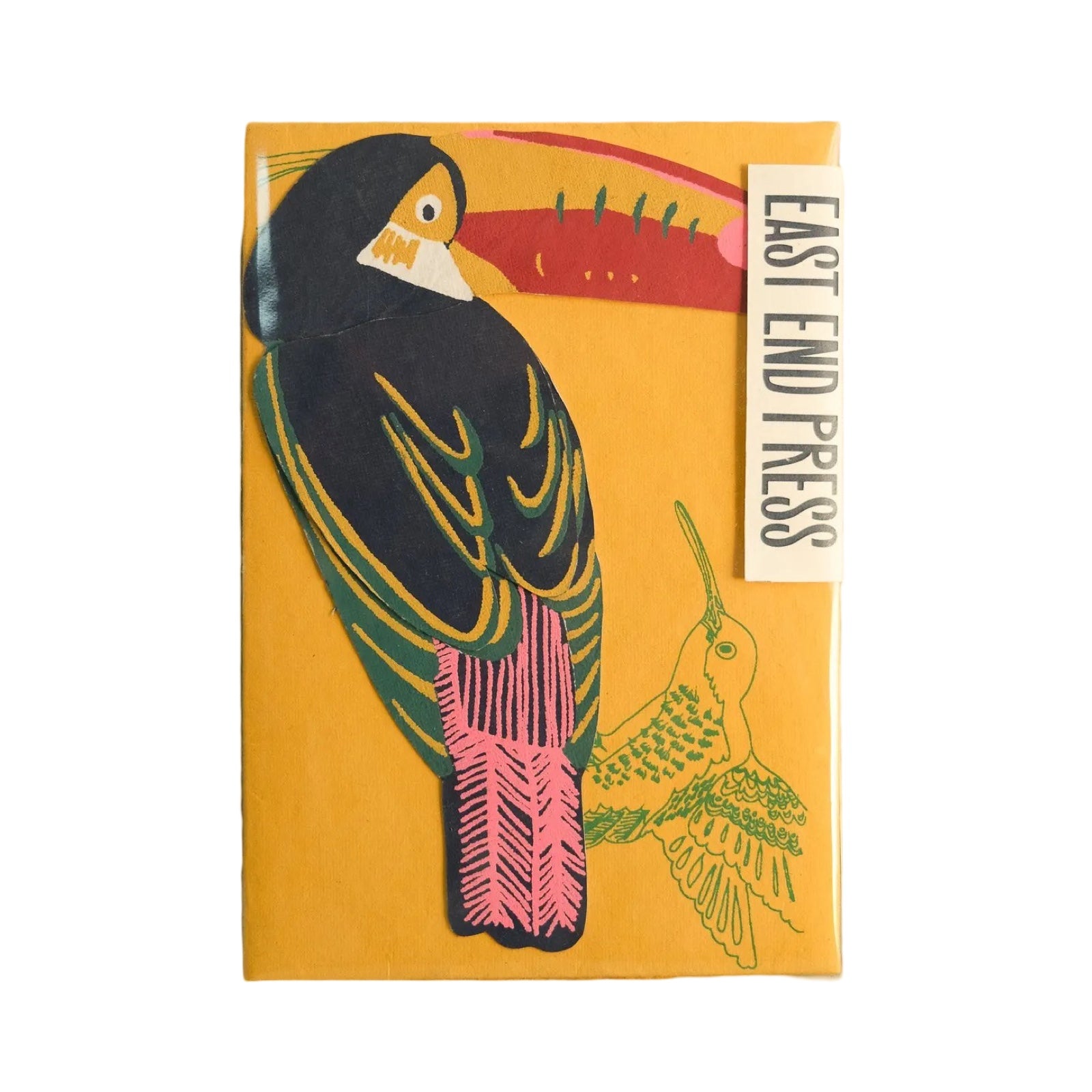 A toucan shaped pop up card with a yellow envelope in a cello sleeve.
