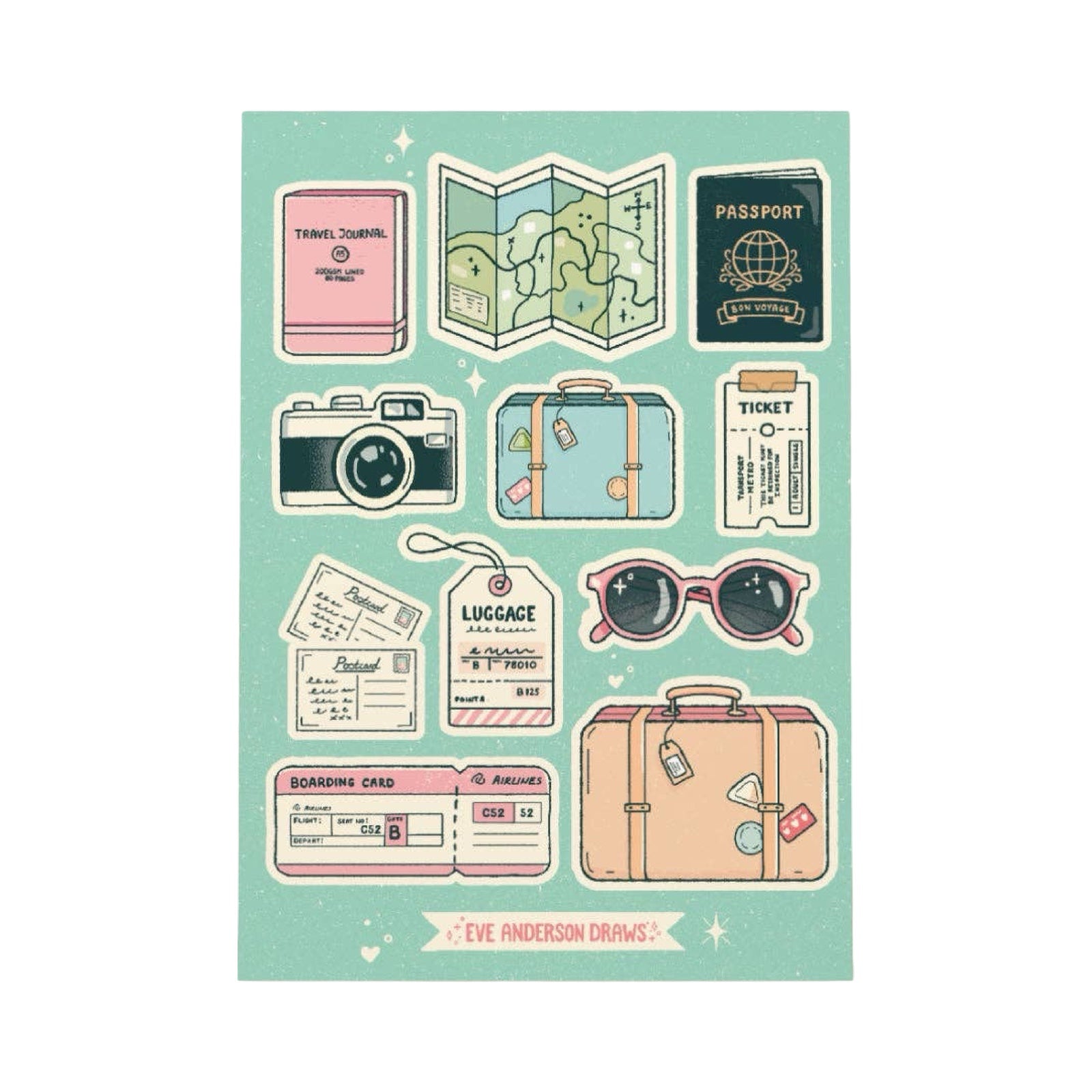 This travel-themed sticker sheet features 11 individual stickers, including a passport, a camera, a boarding pass, a pair of sunglasses, 2 suitcases and a luggage tag against a pale green background.