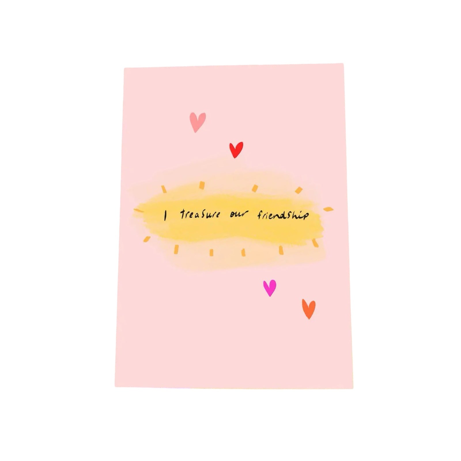 Greeting card with a yellow envelope and hearts on a pink background.