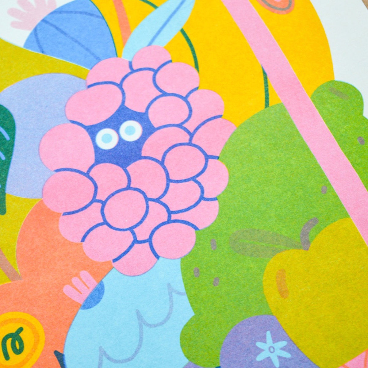 A close-up of a colorful abstract illustration with a pink flower-like shape, blue eyes, and layered shapes in yellow, green, orange, blue, and purple.