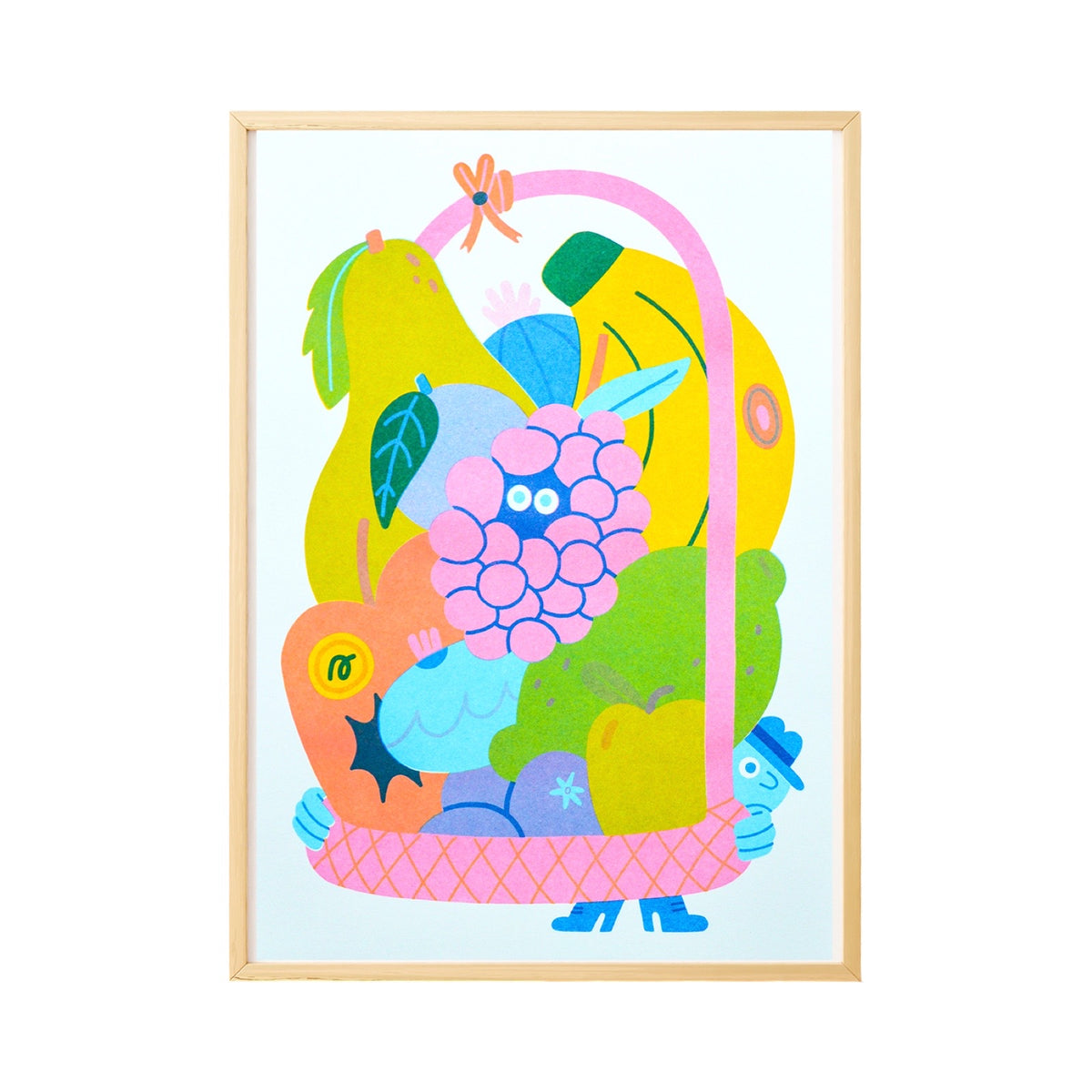 A framed art print featuring a whimsical, colourful illustration of a basket overflowing with fruits, set against a white background.