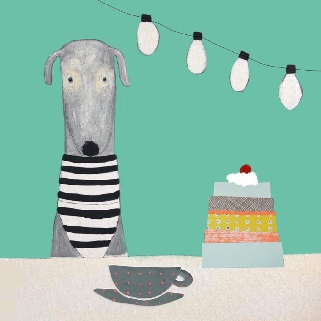 Trumpet the dog with tea and cake on 15 x 15 cm square greetings card'.