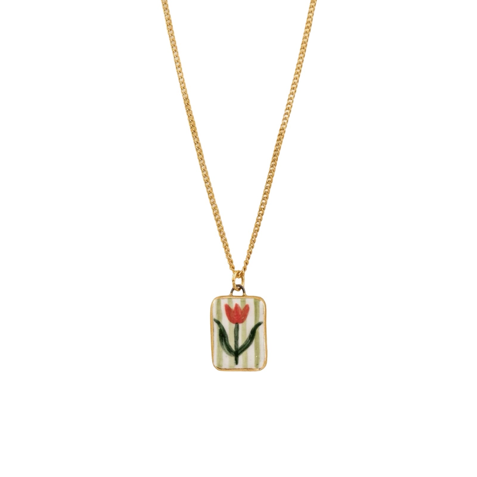 Necklace with a rectangular pendant featuring a red flower design and green stripes on a white background.