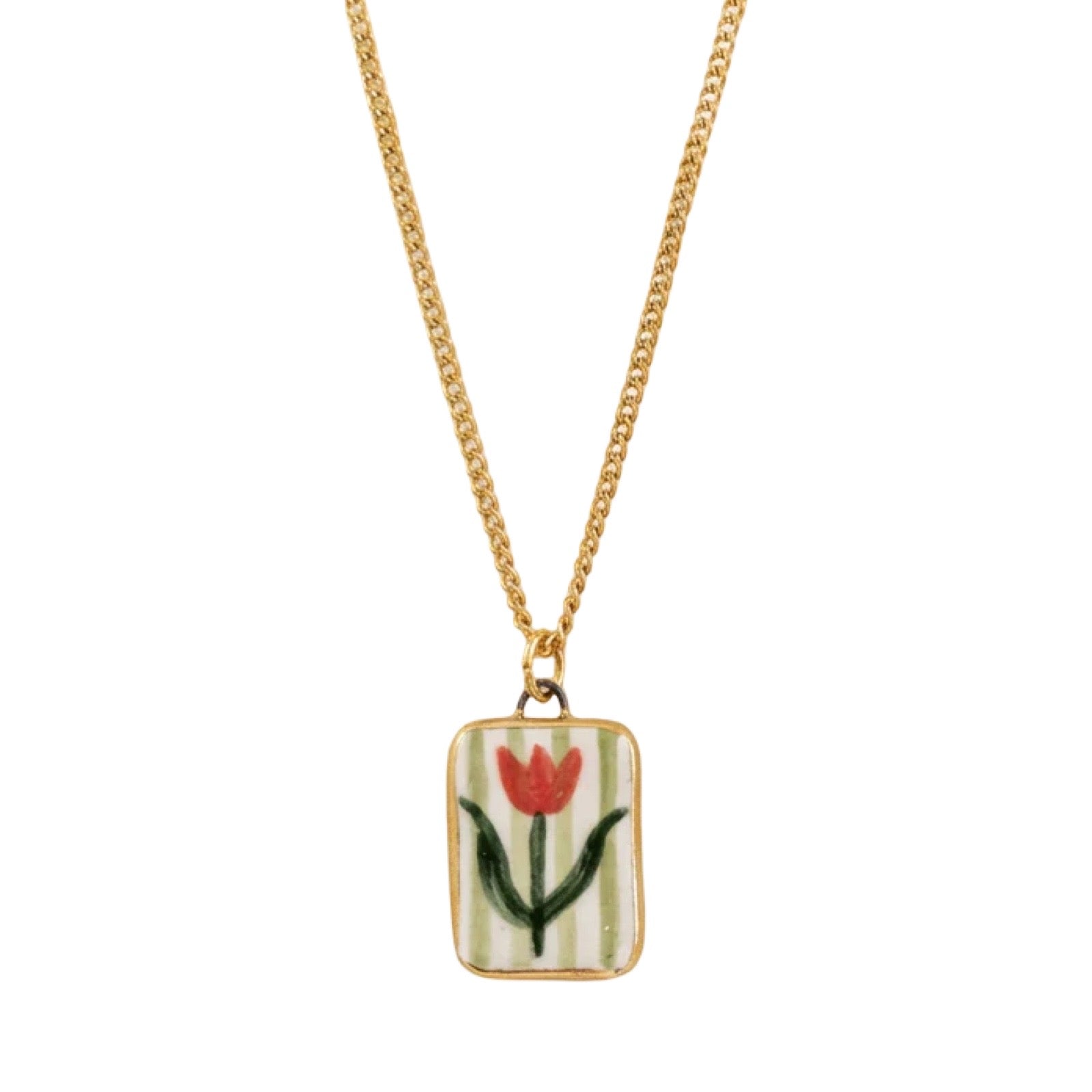 Necklace with a pendant featuring a red tulip design and green stripes on a white background.