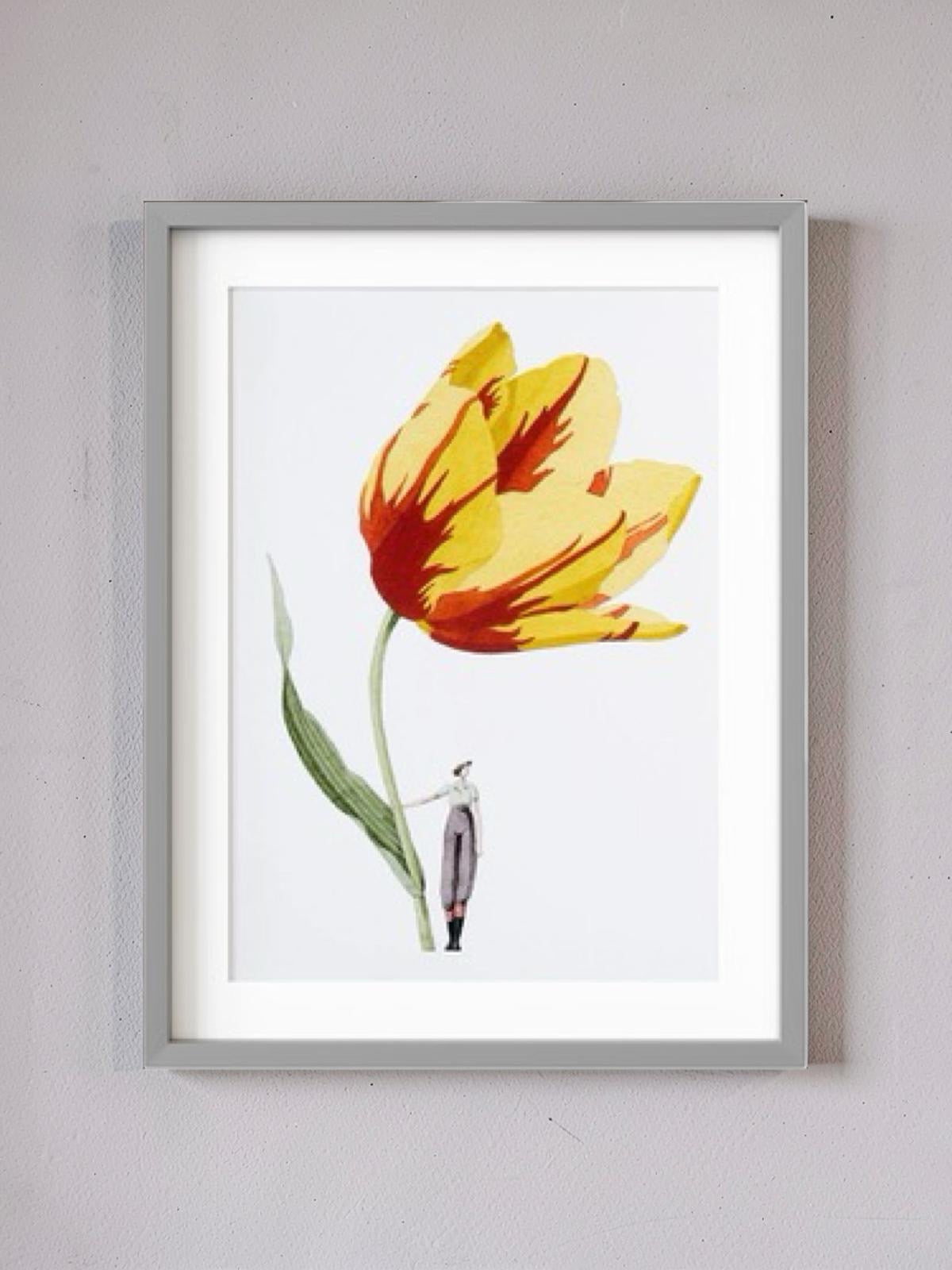 Framed artwork of a yellow tulip with a small figure underneath on a white background.