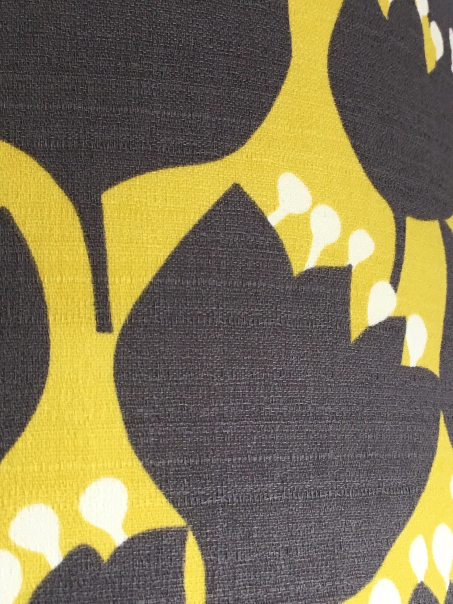 Mustard barkcloth fabric with brown tulips with white tips