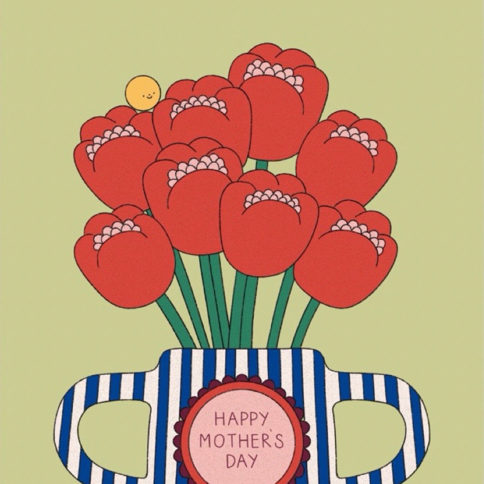 An illustration of red tulips arranged in a blue-and-white striped vase. A round label in the cantre reads “HAPPY MOTHERS DAY.