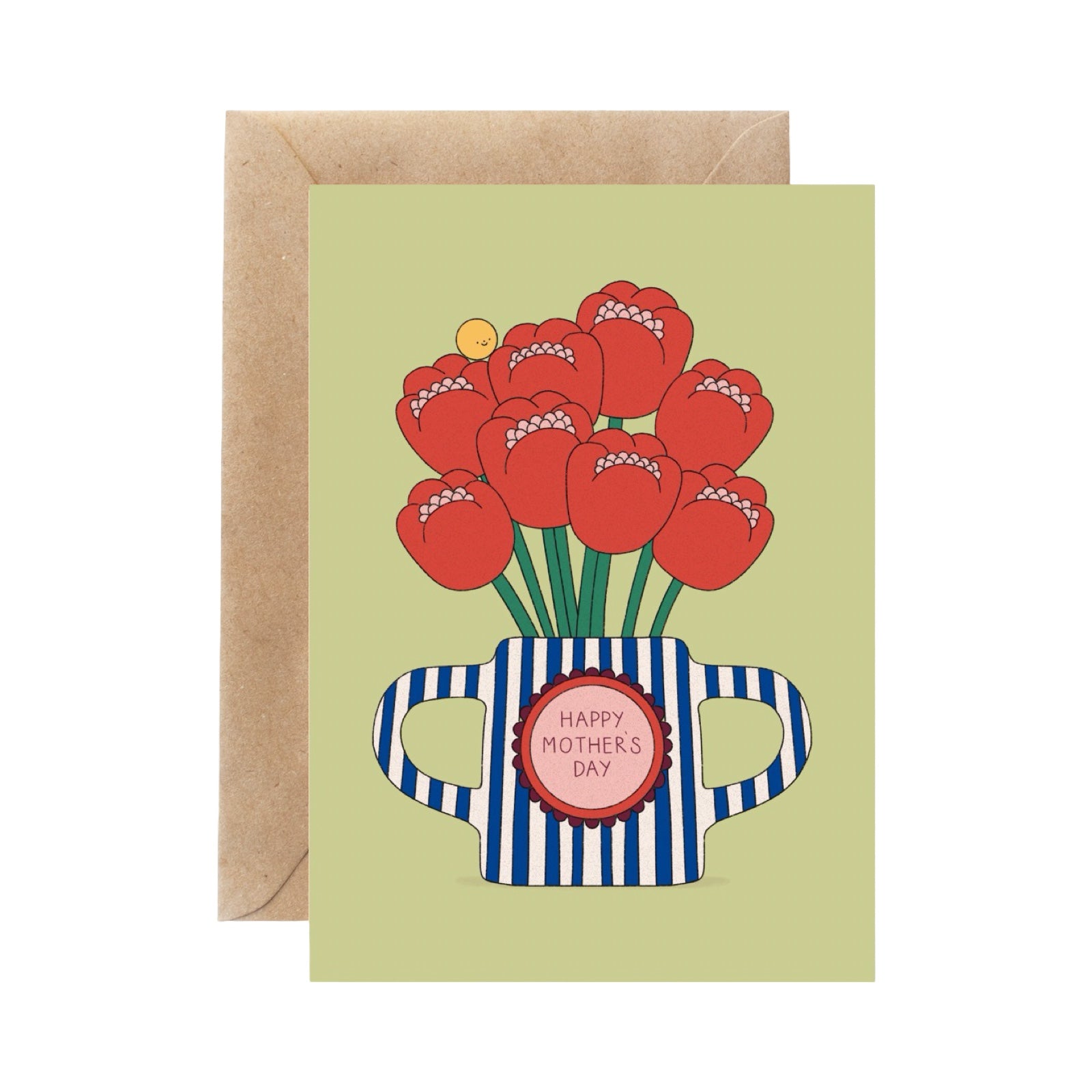 A Mother's Day greeting card with a brown kraft envelope behind it. The card features a cartoon illustration of red tulips inside a blue-and-white striped vase, with a pink circle reading 'HAPPY MOTHER'S DAY'.