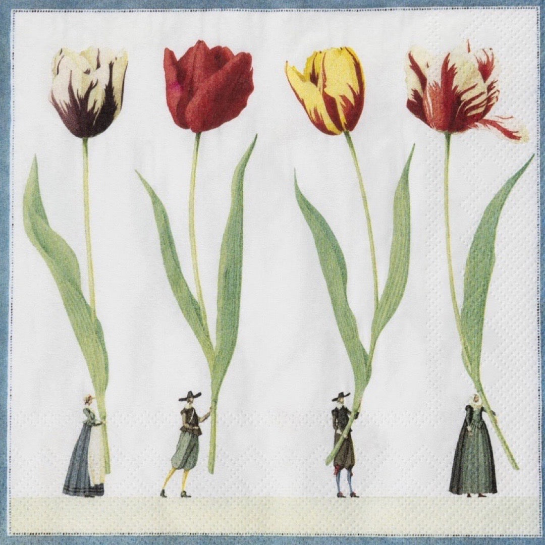 Illustration of tulips with small figures holding them against a light background.