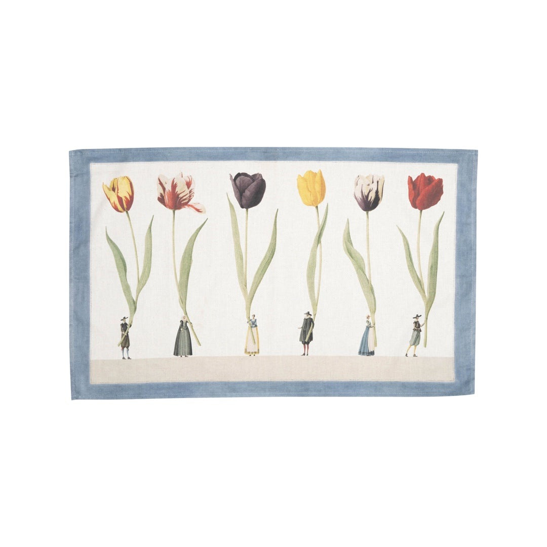 Gorgeous tulip tea towel featuring six multicoloured giant tulips being held by fabulously dressed men and women and edged in a blue dotted border.