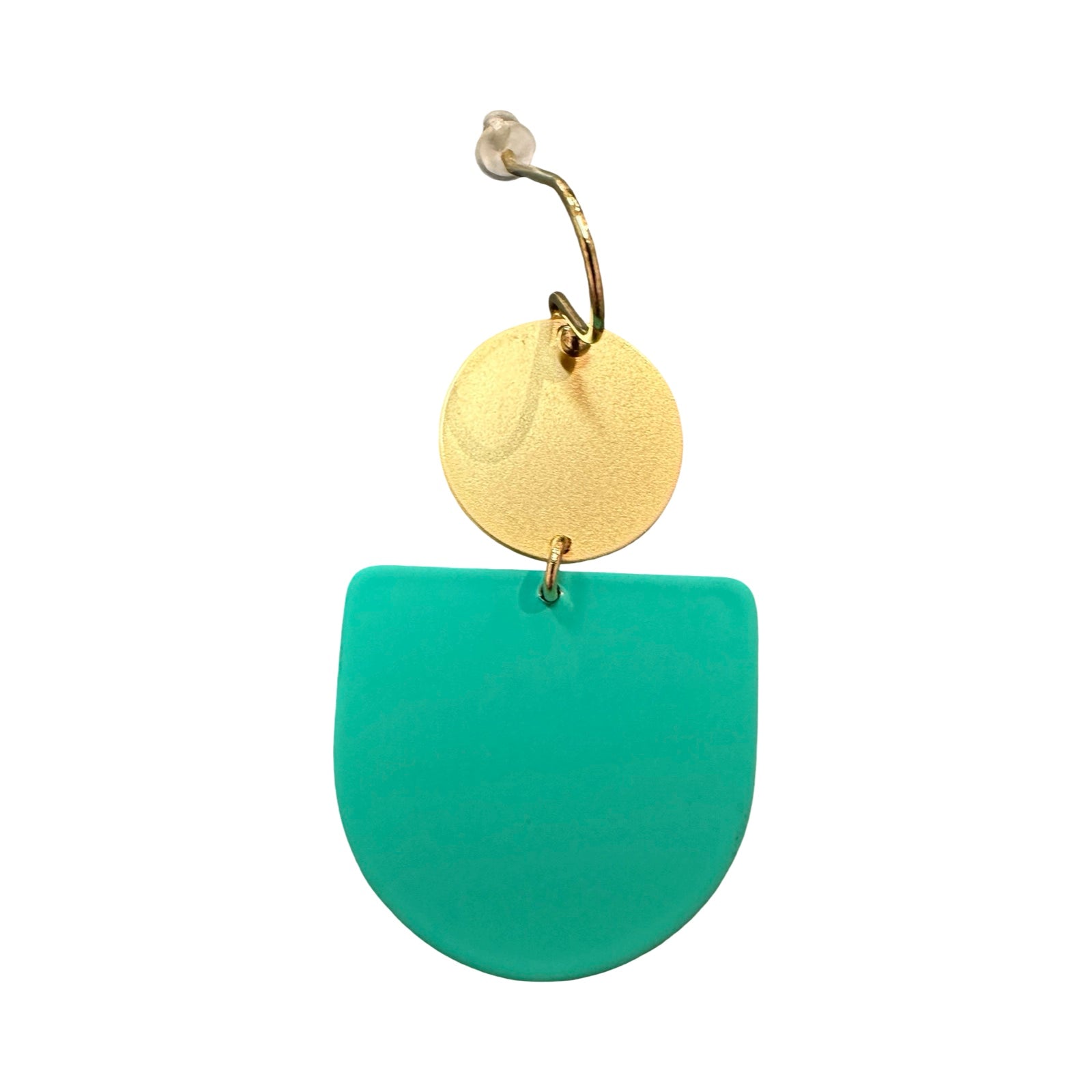 Gold and green earring on a white background.