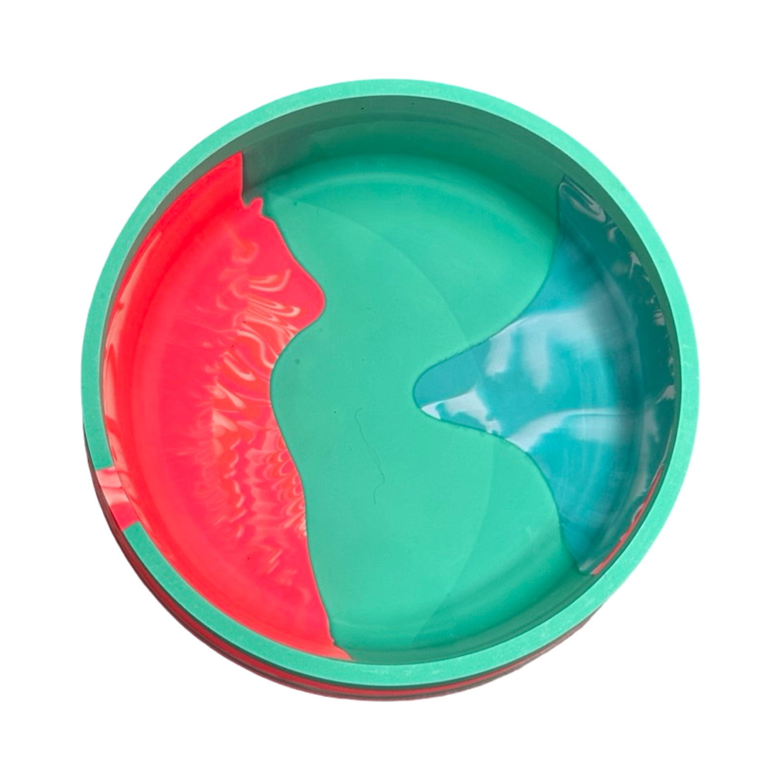 Colourful bowl with red, green, and blue sections on a white background.