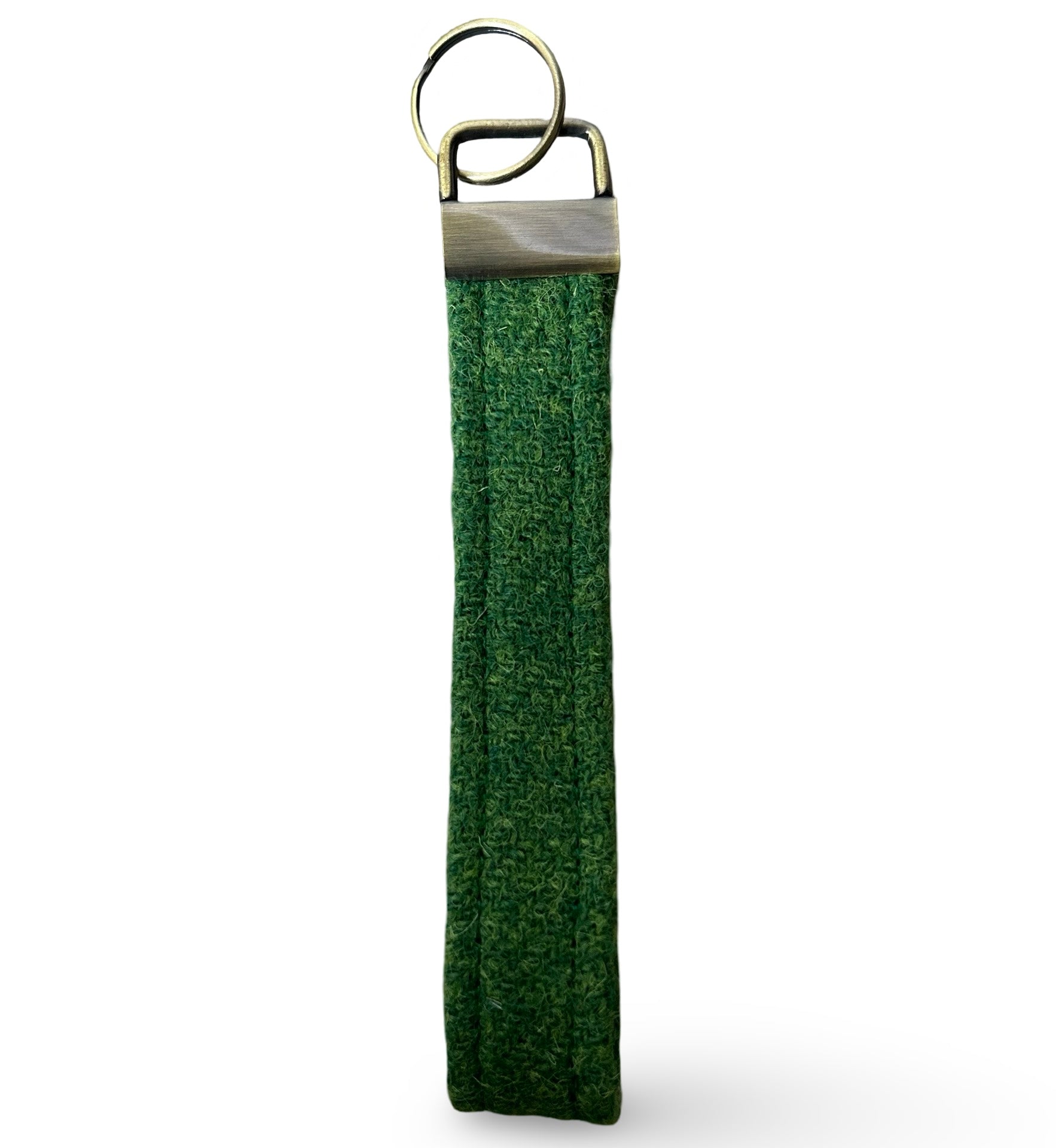 Bright green Harris tweed key ring in a wrist loop design.