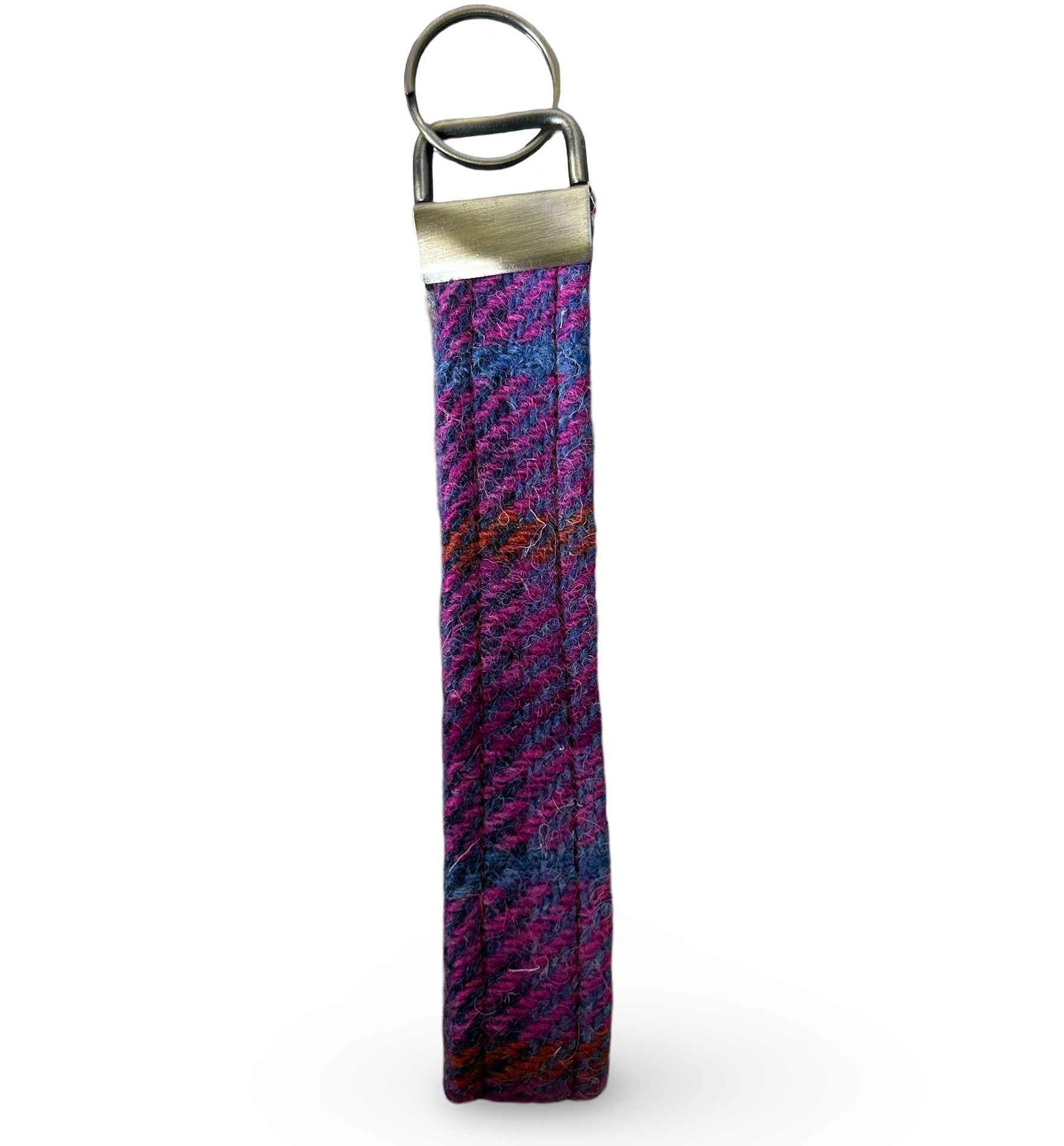 Key ring in purple Harris tweed wrist loop design.