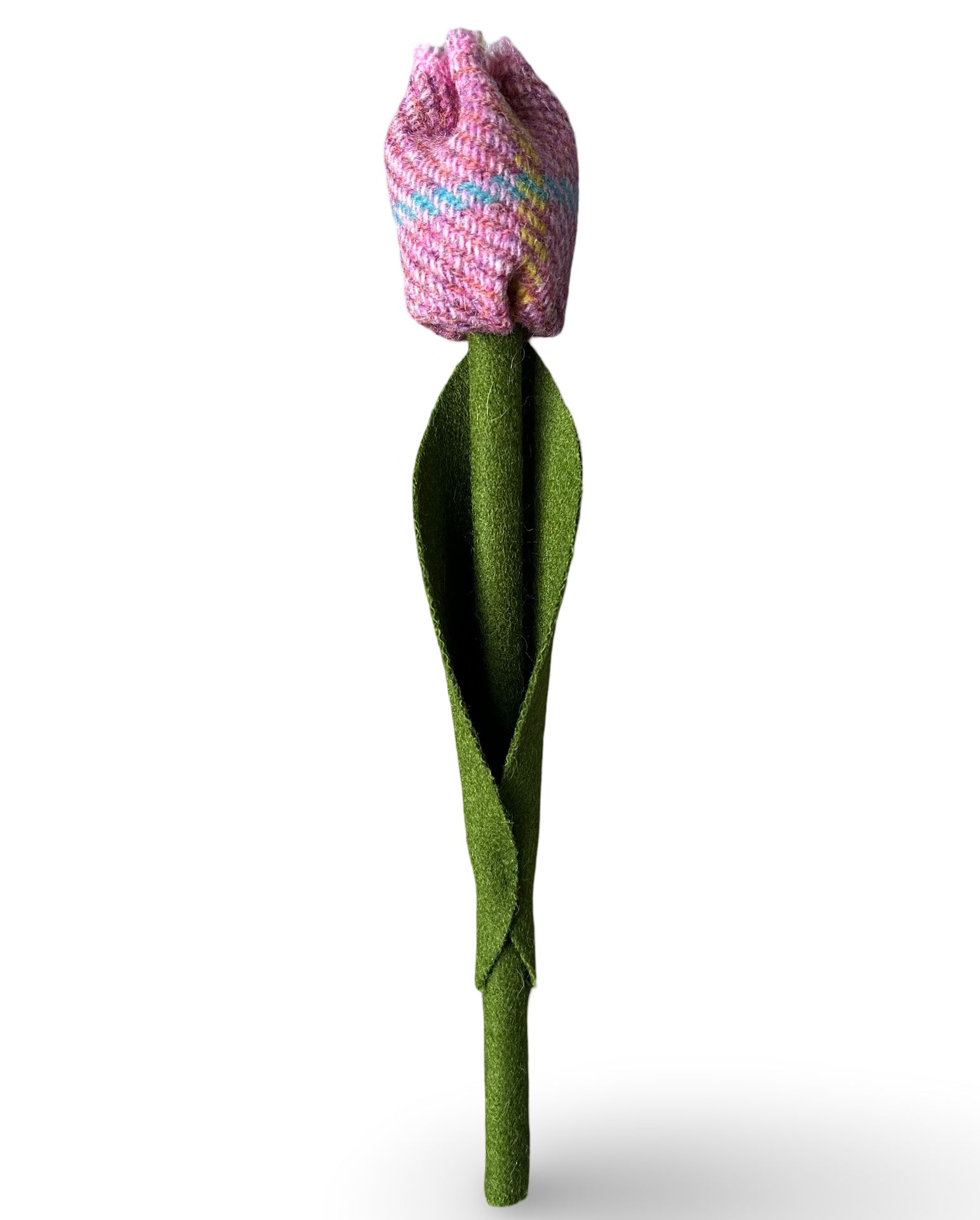 Tweed tulip with a pink Harris tweed bud and green tweed stem and leaf.