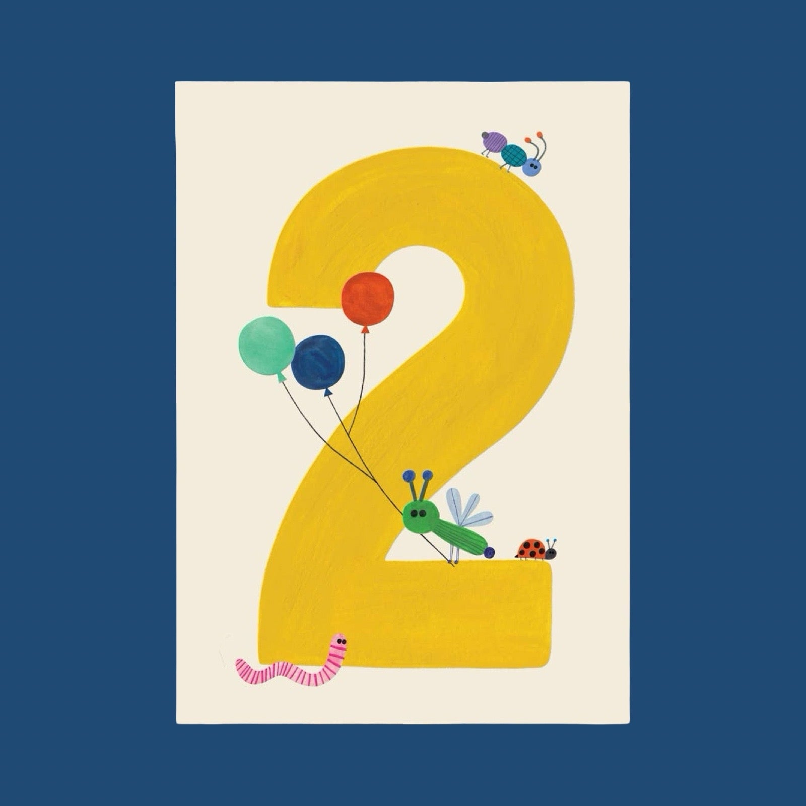 Card with an illustration of the number '2' with balloons and a caterpillar on a blue background.