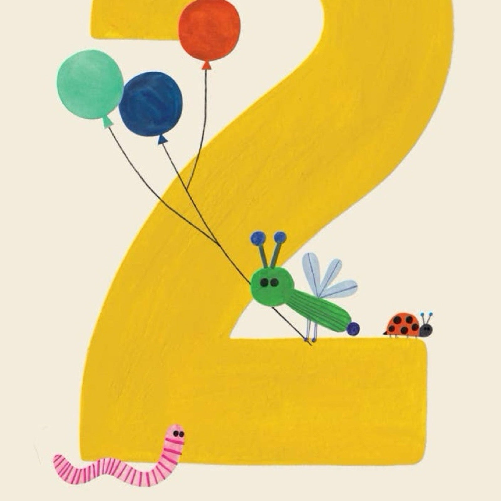 Illustration of a caterpillar with balloons attached to the number 2 on a yellow background.