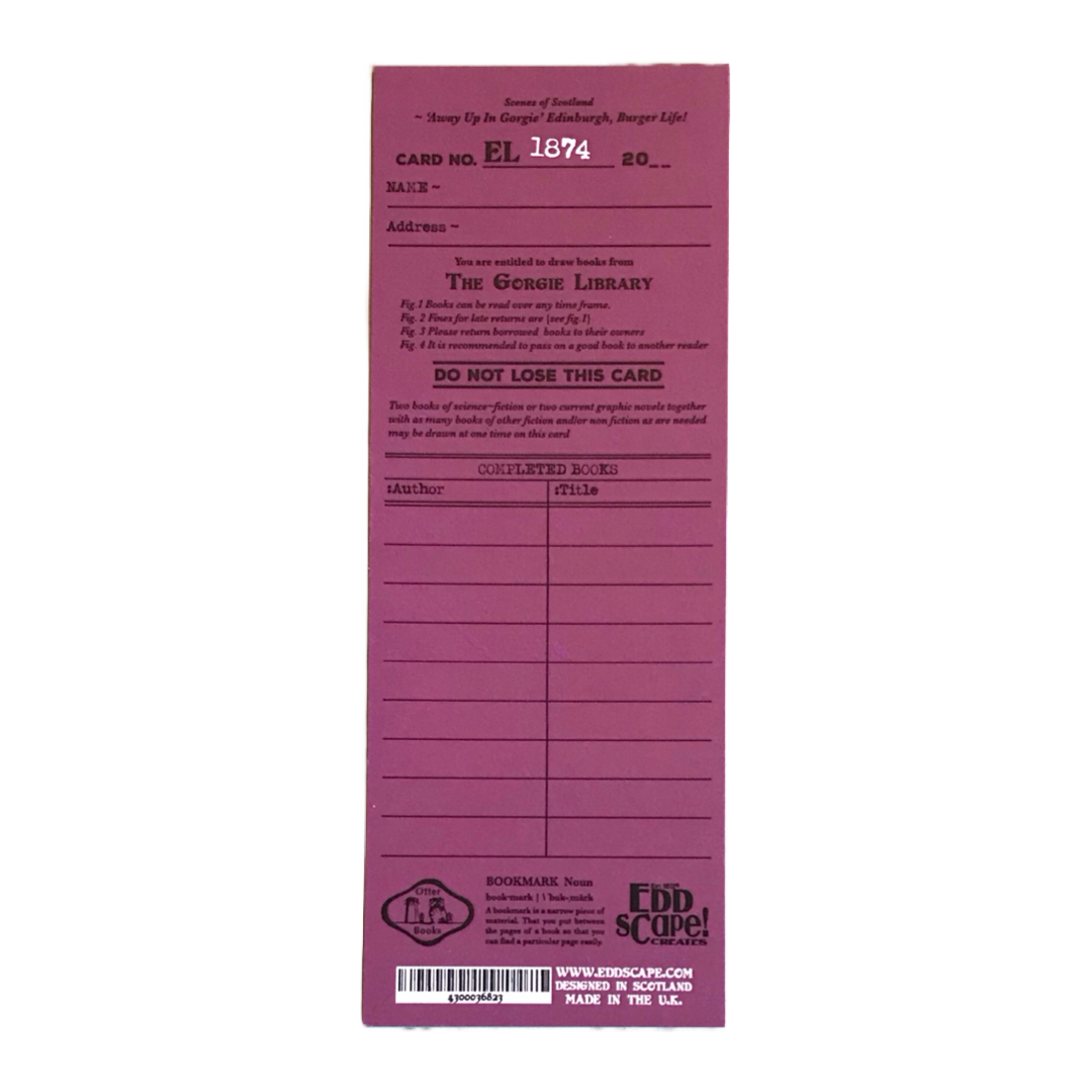 Bookmark featuring a panoramic landscape illustration of Hearts Tynecastle Stadium in Gorgie, Edinburgh. The back of this bookmark is designed to resemble an old-fashioned library card.
