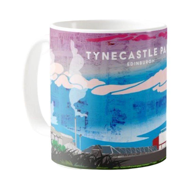 Classic mug featuring a panoramic artwork of Tynecastle Park Stadium in Edinburgh, home of Heart of Midlothian Football Club