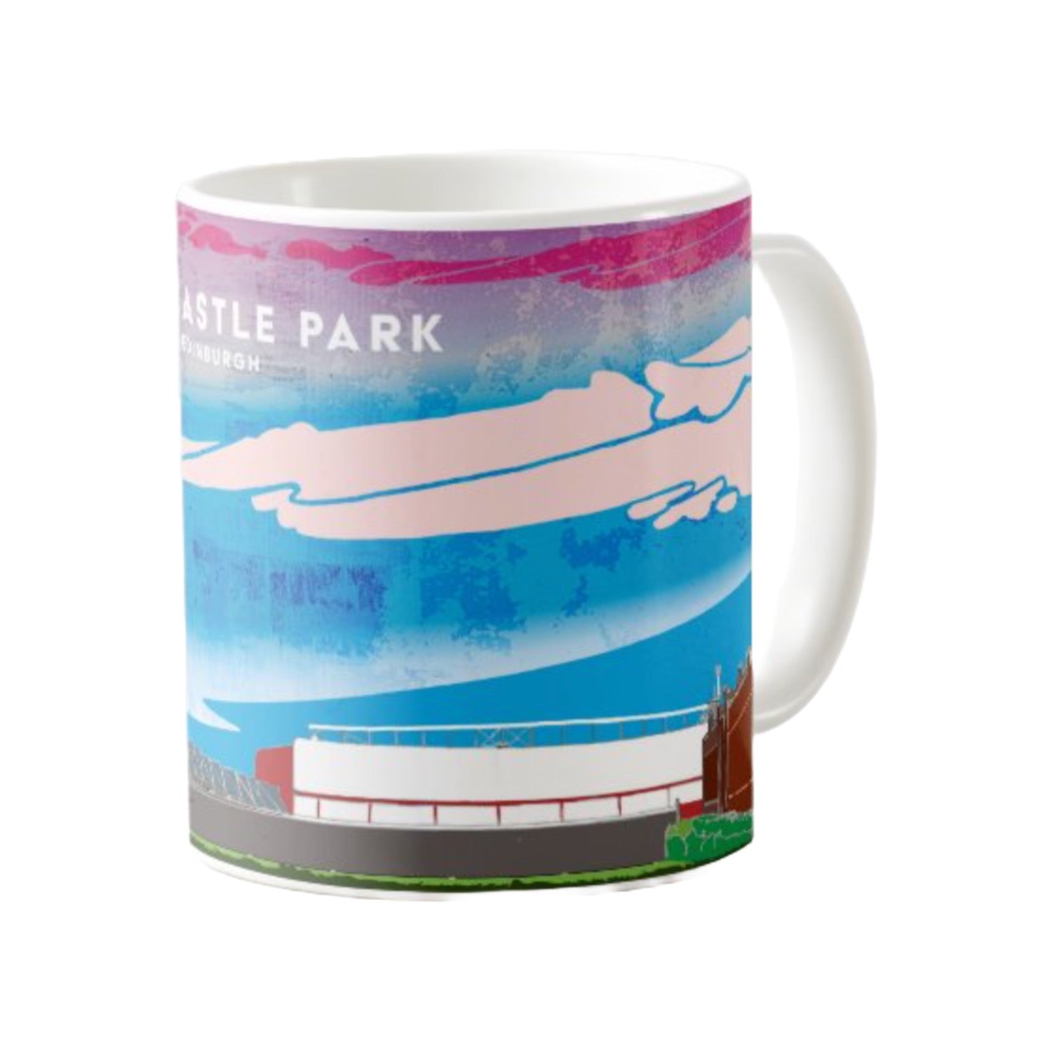 Classic mug featuring a panoramic artwork of Tynecastle Park Stadium in Edinburgh, home of Heart of Midlothian Football Club. Designed by Eddscape and made in the UK.