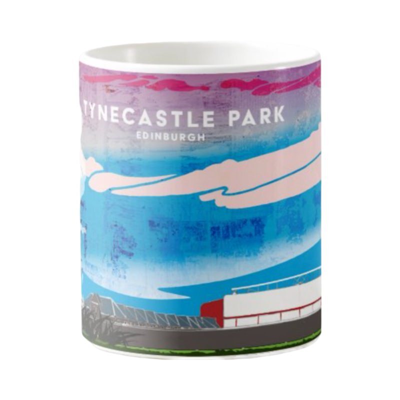 Classic mug featuring a panoramic artwork of Tynecastle Park Stadium in Edinburgh, home of Heart of Midlothian Football Club