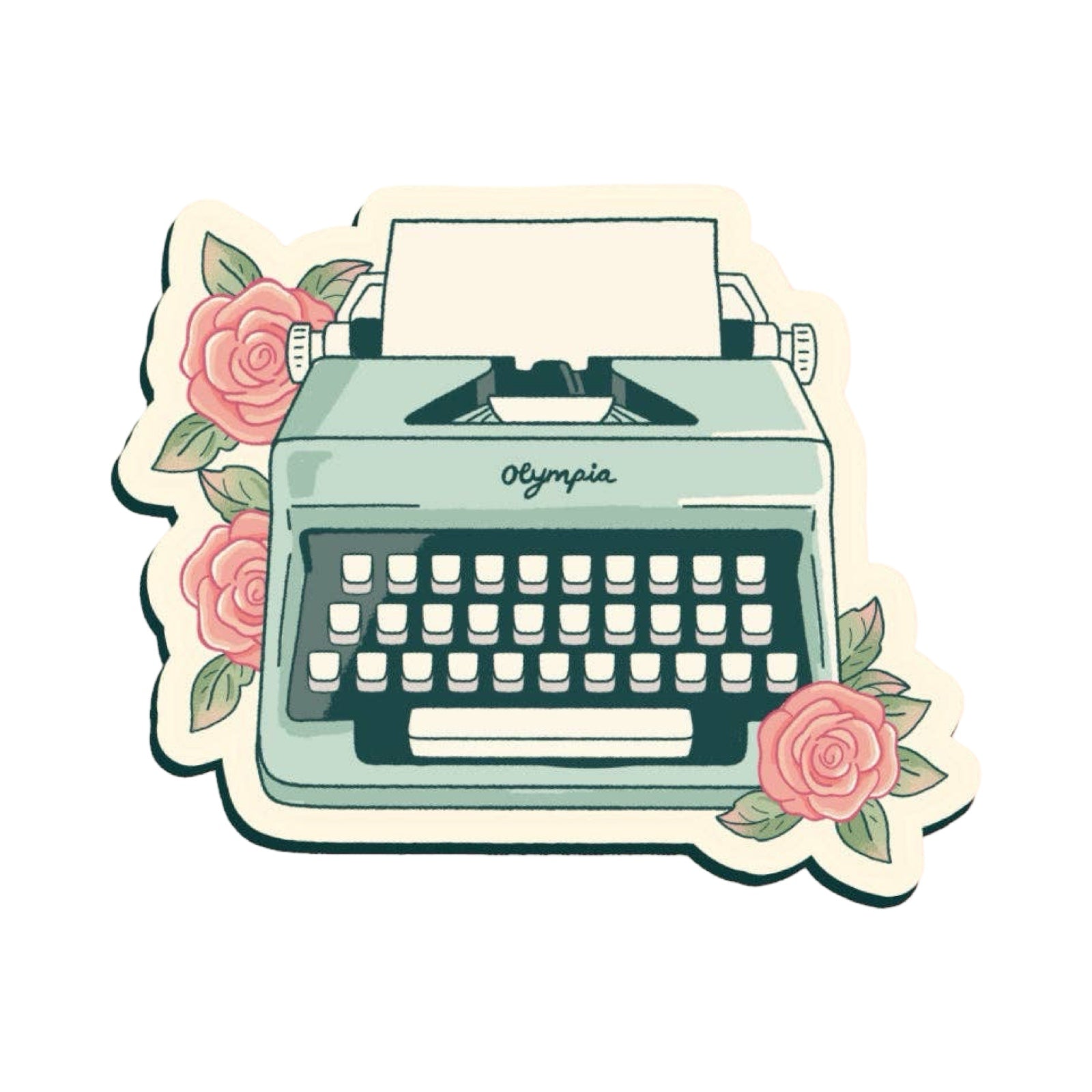 A sticker featuring an illustration of a turquoise typewriter surrounded by three pink roses.