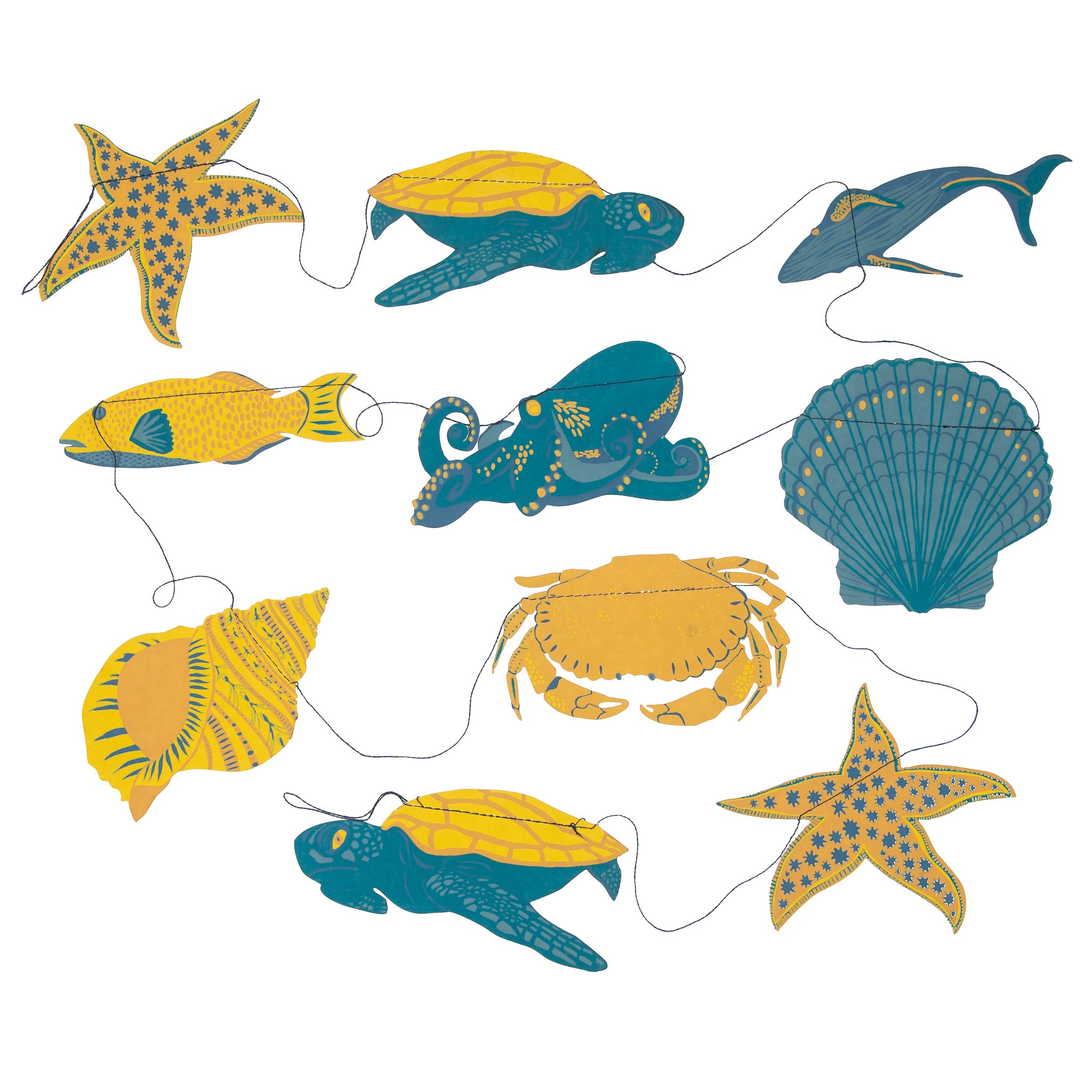A sealife paper garland featuring ten screen-printed paper seashells, fish, crabs and turtles in blue and yellow.