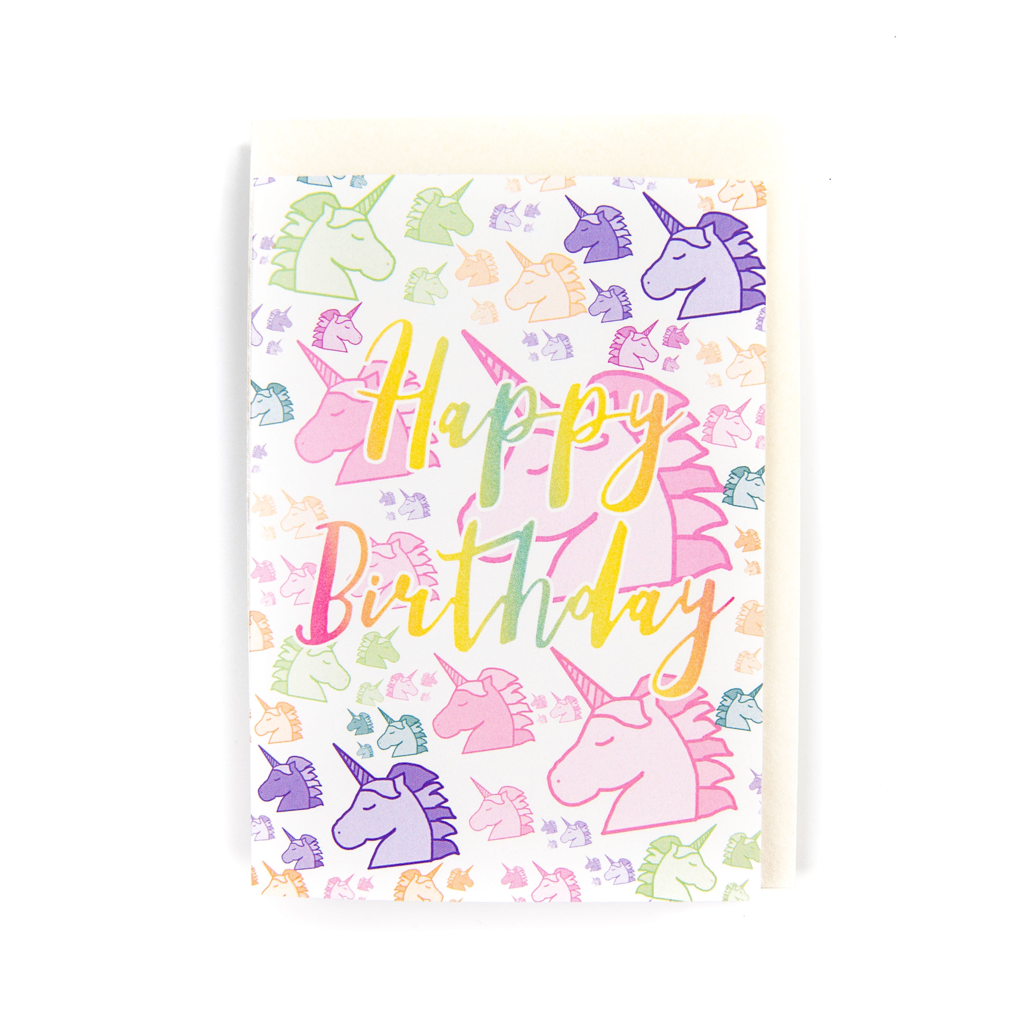 A unicorn-themed birthday card with 'Happy Birthday' text and various colorful unicorn illustrations.