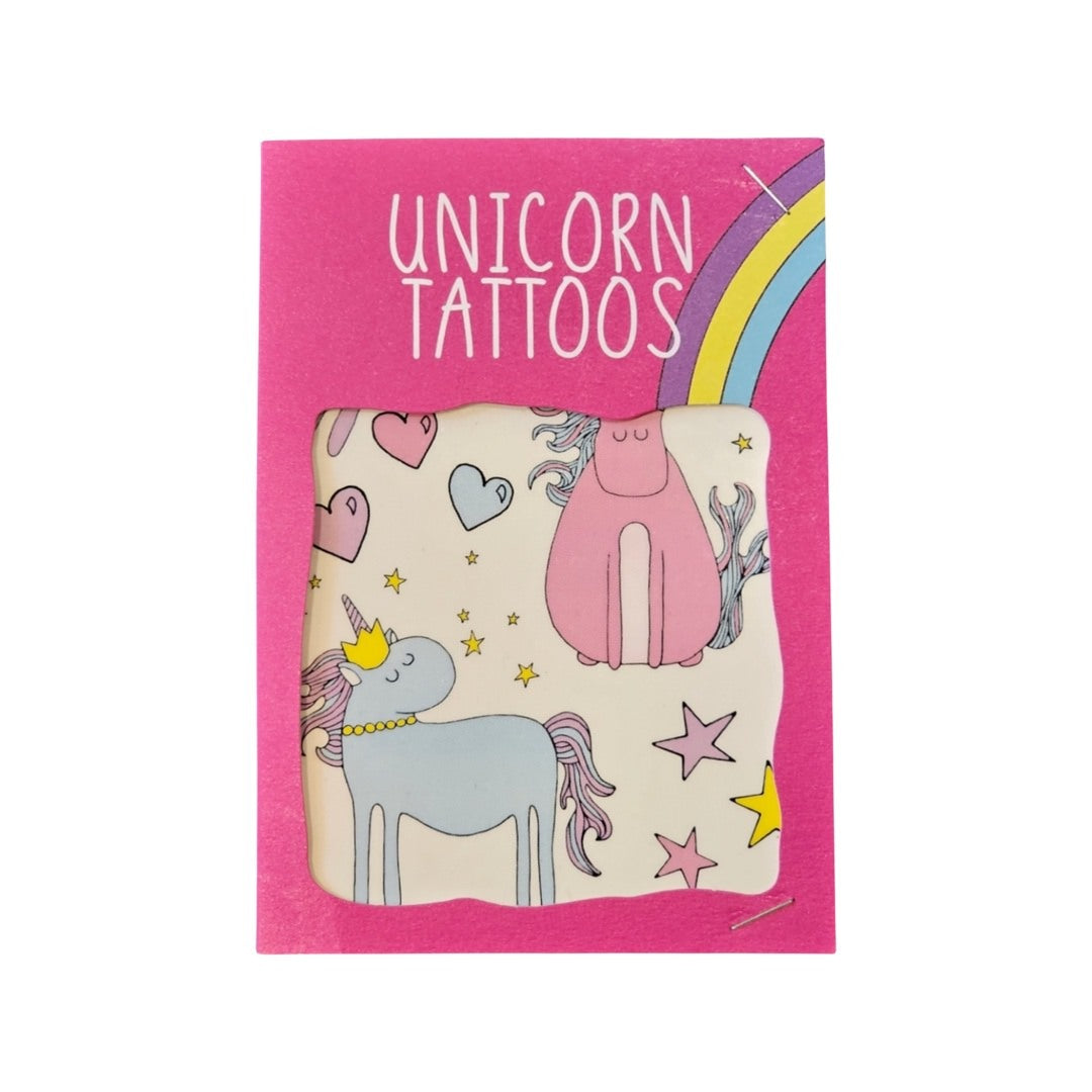 Set of unicorn-themed transfer tattoos featuring pink and blue unicorns and love hearts.