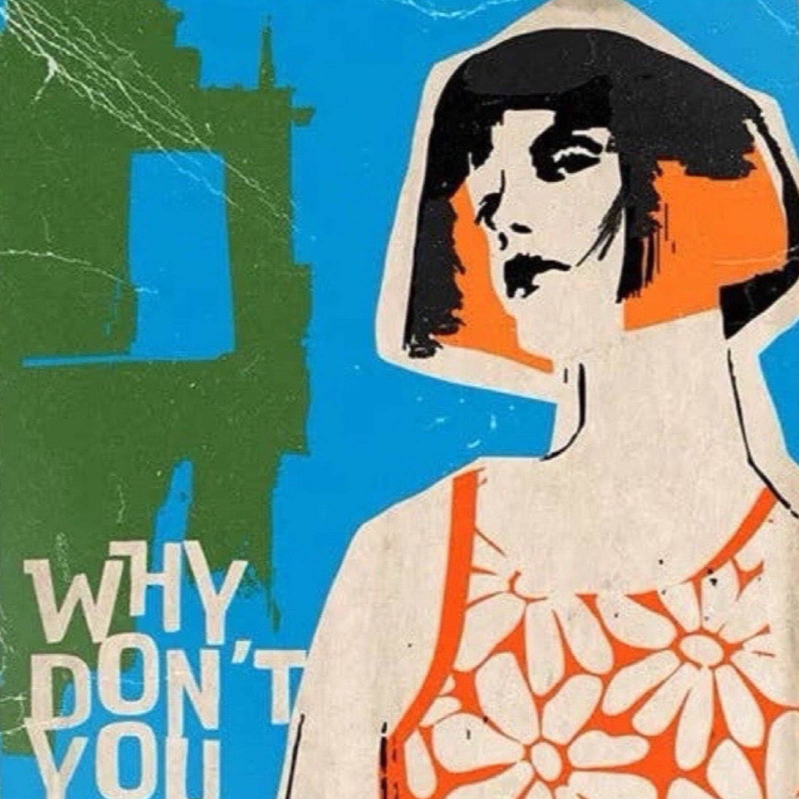 Art print with a colourful design of a woman and text on a white background.