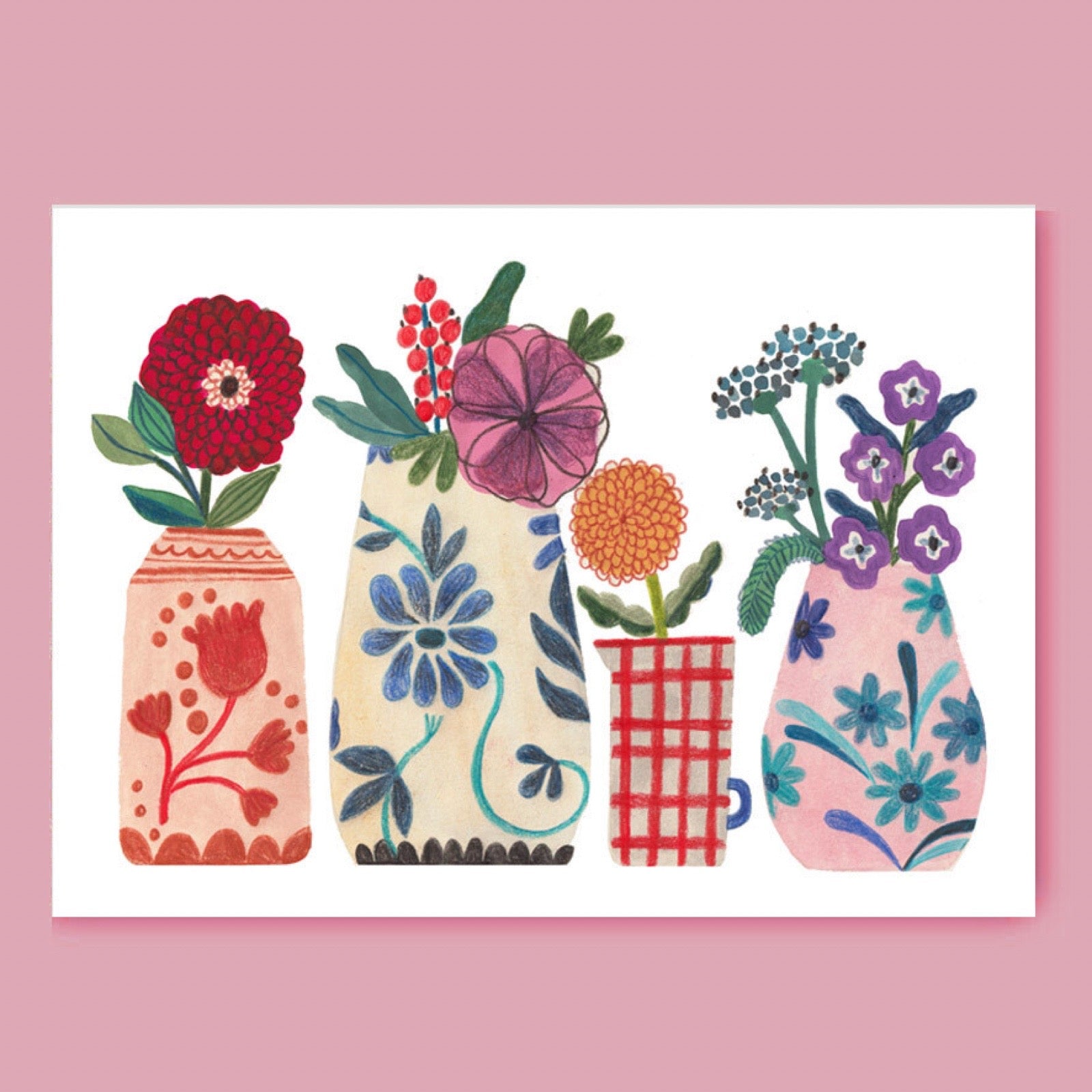 Illustrations of colourful vases with floral designs on a pink background.