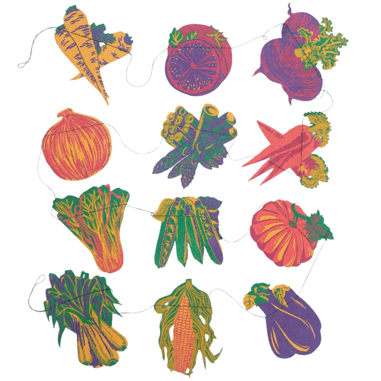 A vegetable garland with twelve screen-printed vegetables including carrots, beetroot, sweetcorn, asparagus and eggplant.