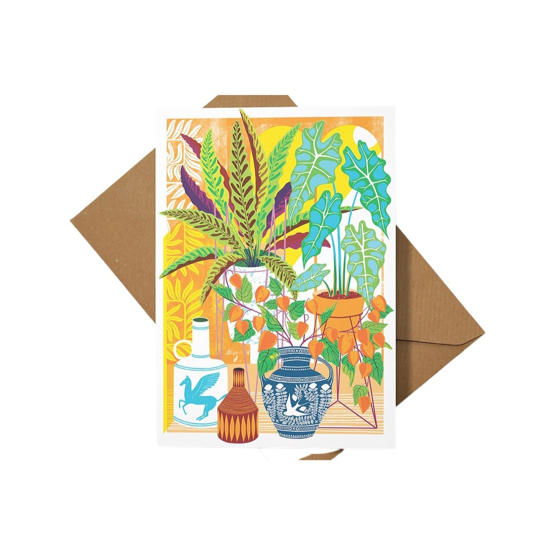 Floral art card featuring various jugs, vases and plant pots with blooming house plants.