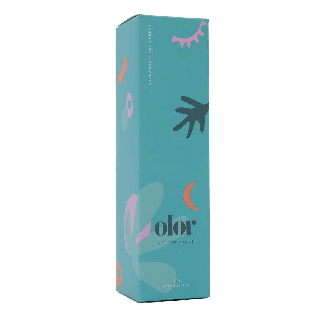 Teal box with abstract designs and 'olor' branding on a white background
