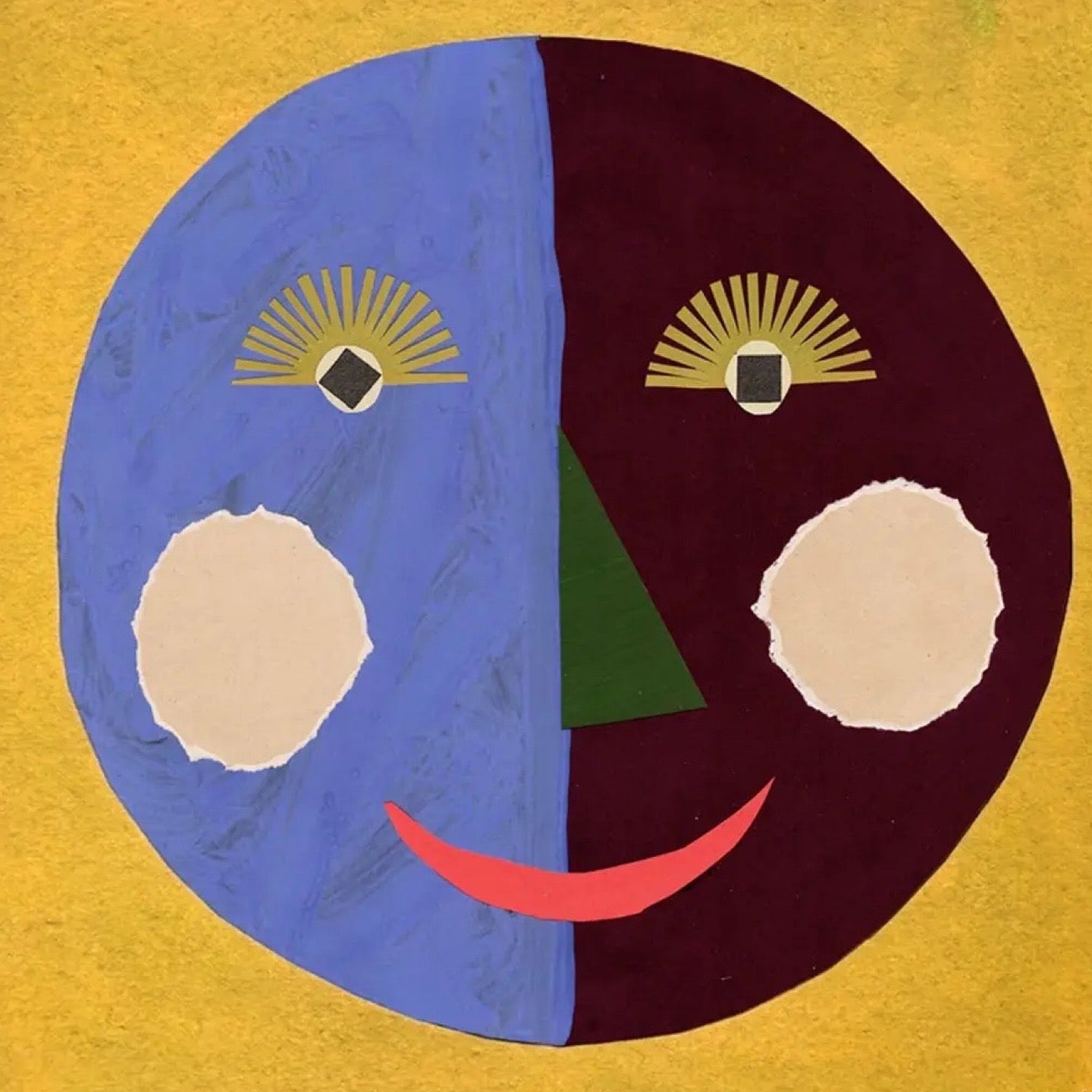 Abstract face artwork with blue and brown halves on a yellow background.