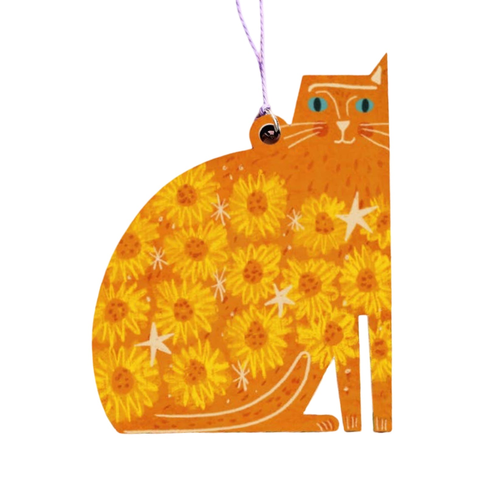 Decorative cat-shaped ornament with floral pattern on a white background.