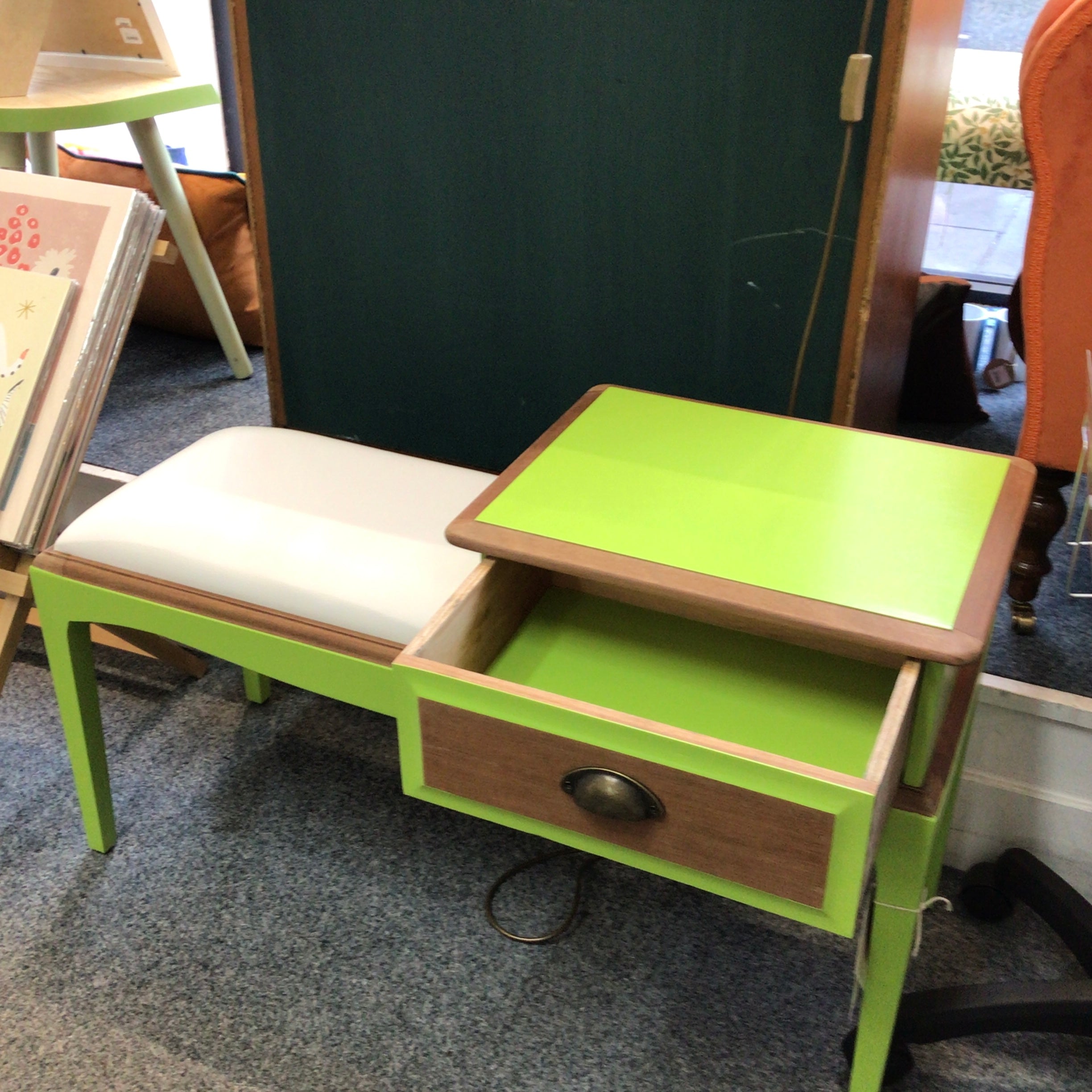 Vintage Stag Phone seat upcycled in lime with cream faux leather seat.