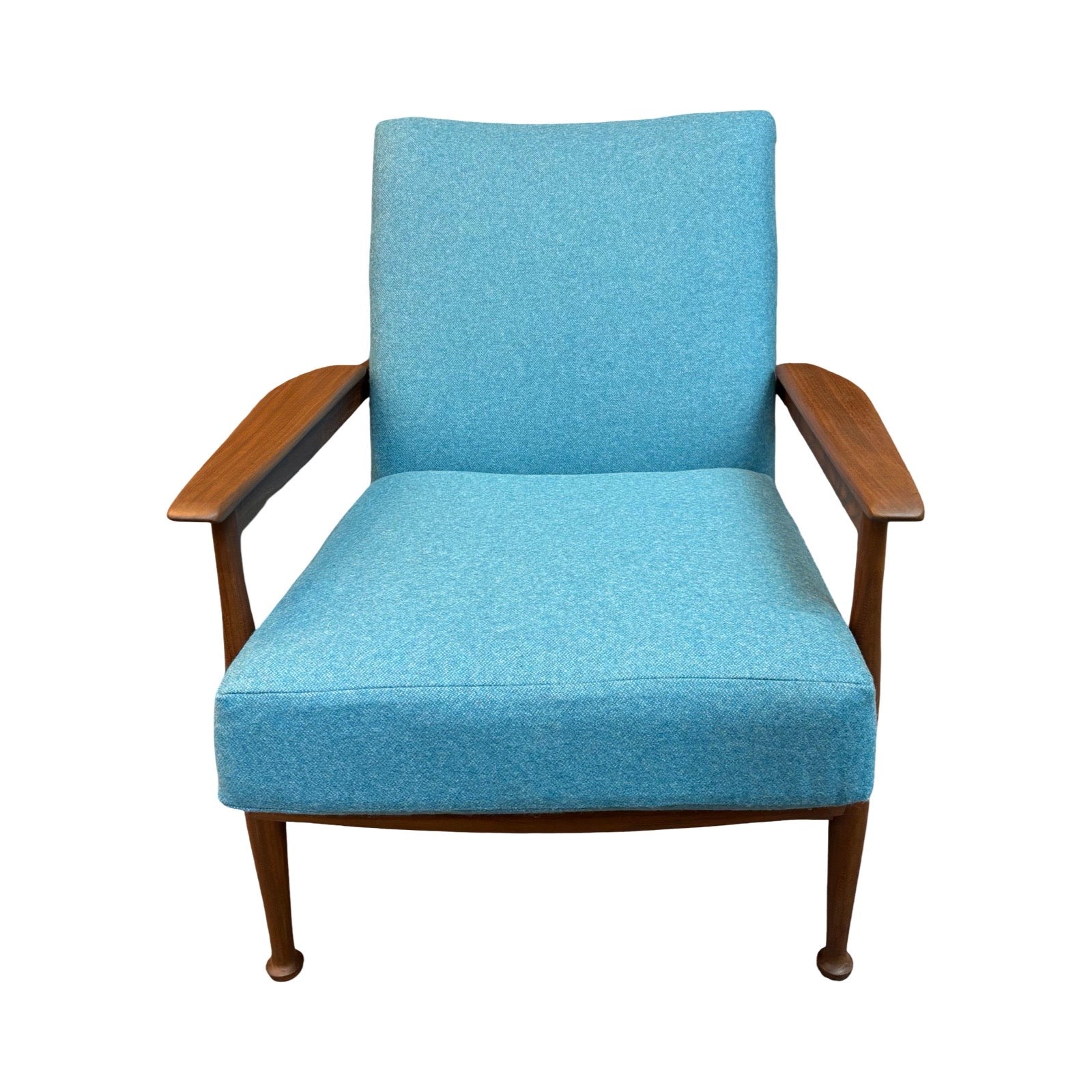 Blue armchair with wooden arms and legs on a white background.