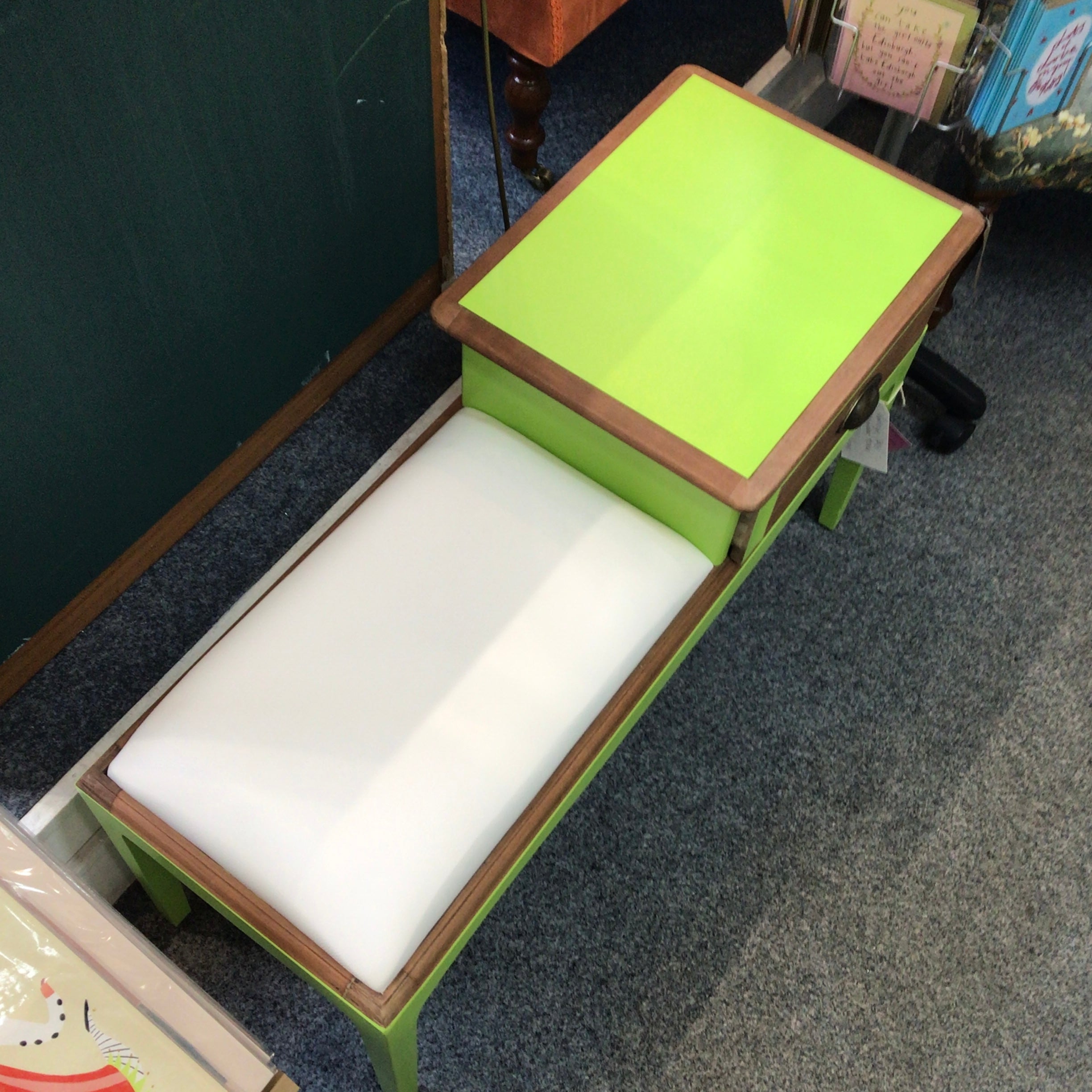 Vintage Stag Phone seat upcycled in lime with cream faux leather seat.