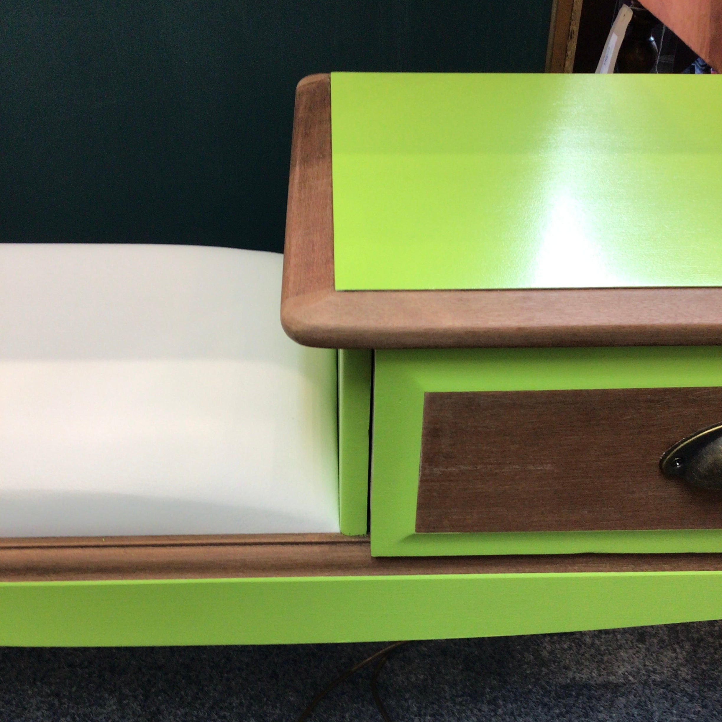 Vintage Stag Phone seat upcycled in lime with cream faux leather seat.
