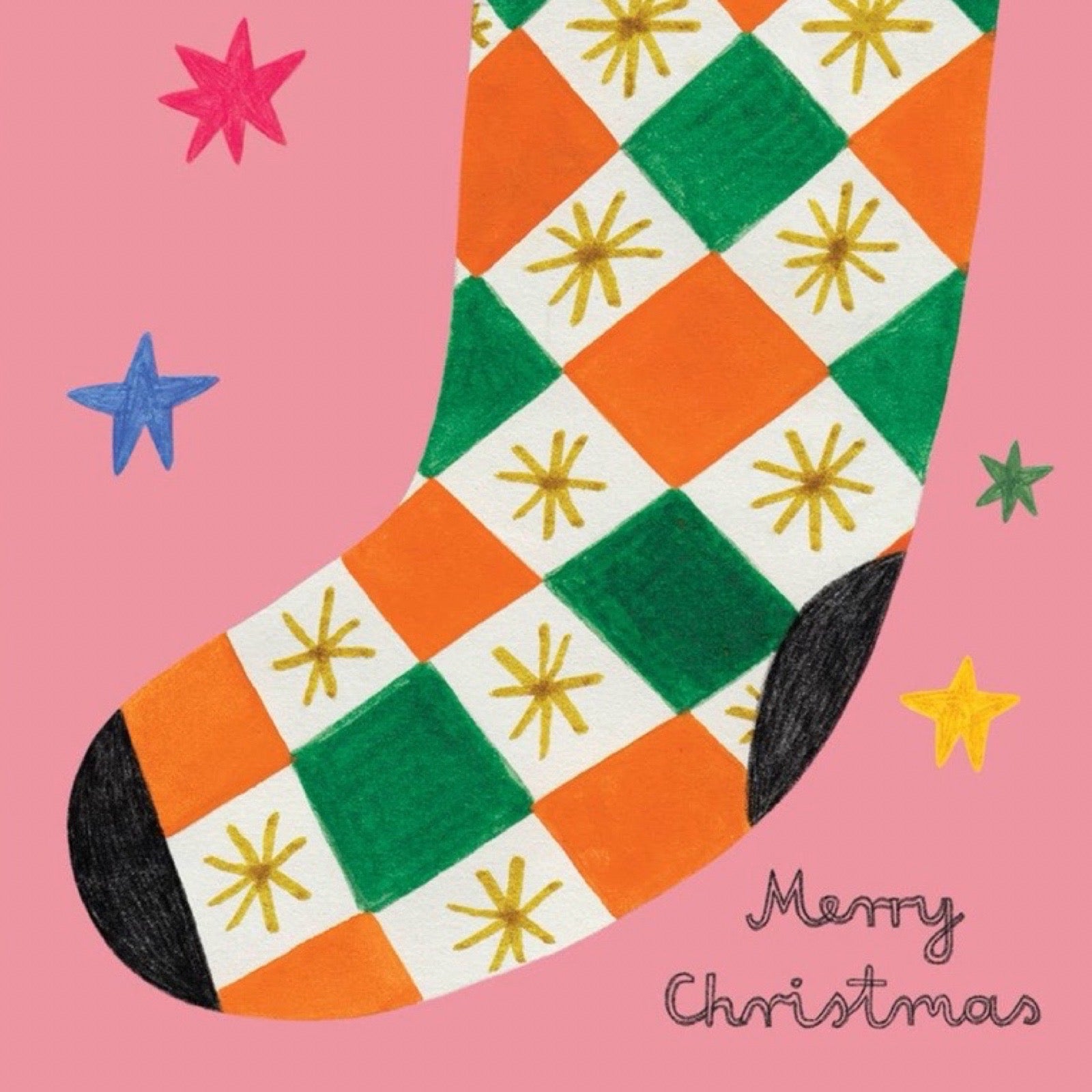 Colourful checkered Christmas stocking with stars and black text on a pink background.