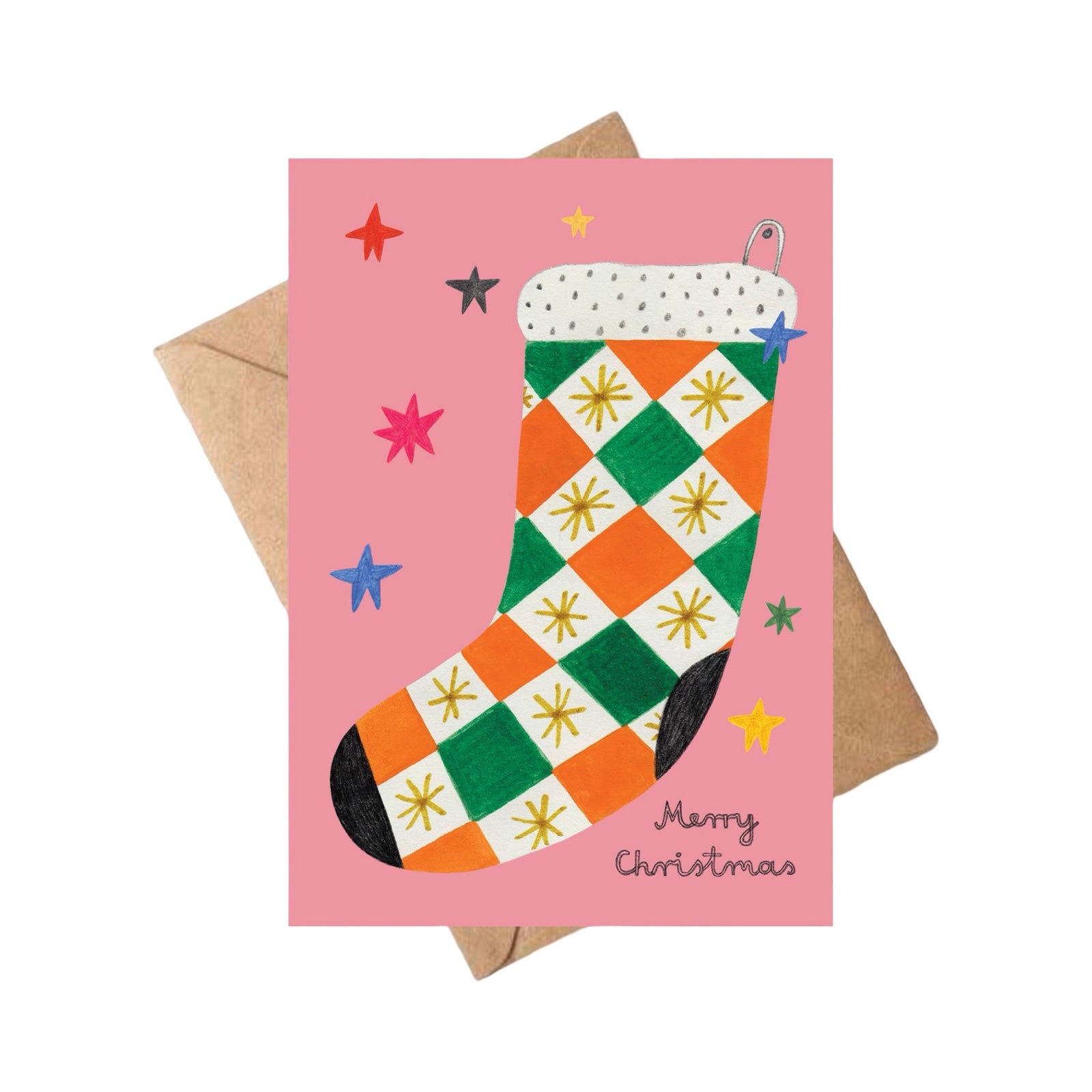 Christmas card with a colorful stocking design on a pink background, featuring stars and the text 'Merry Christmas'.