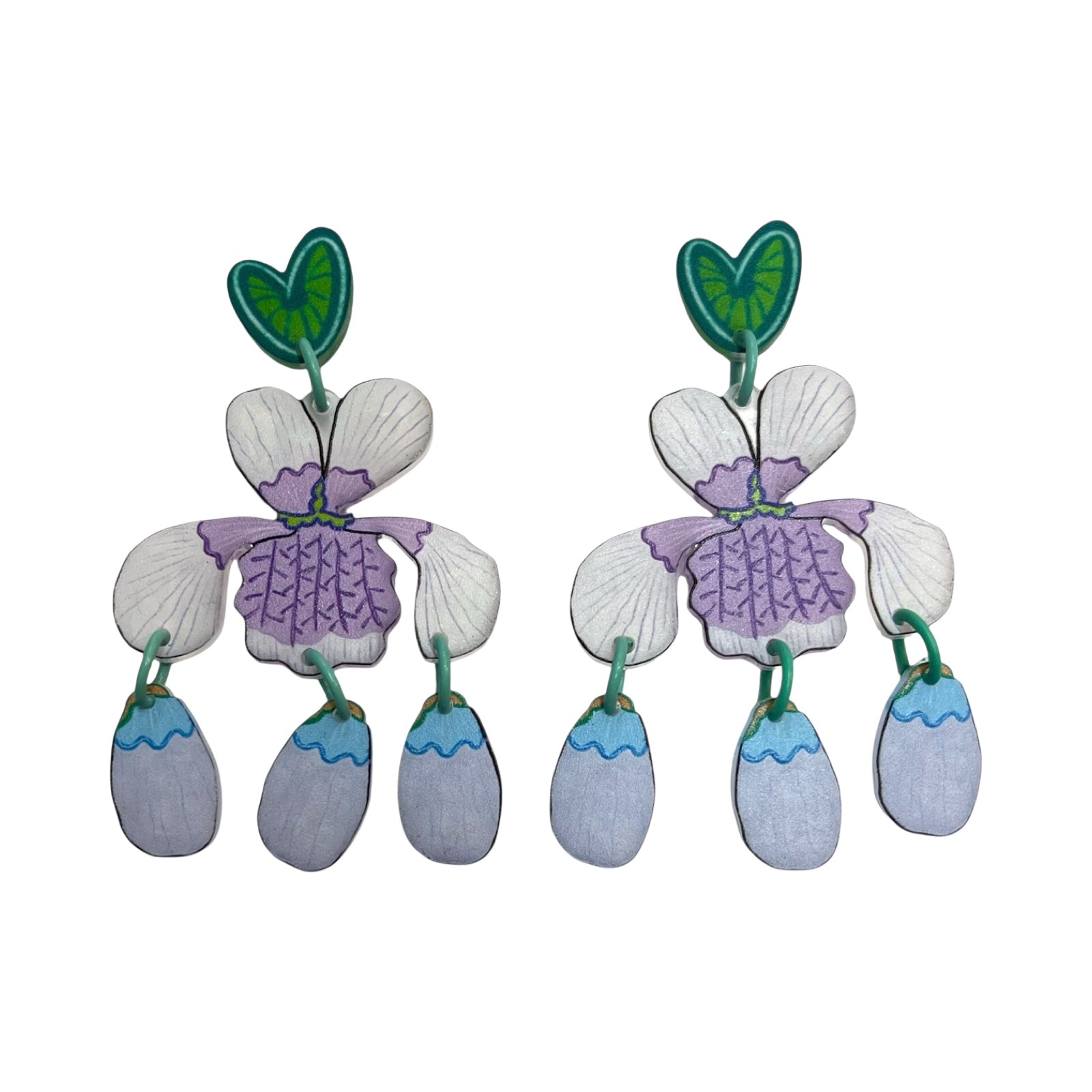A pair of acrylic dangle earrings with green love heart studs, white and lilac viola flowers and lilac hanging petals.