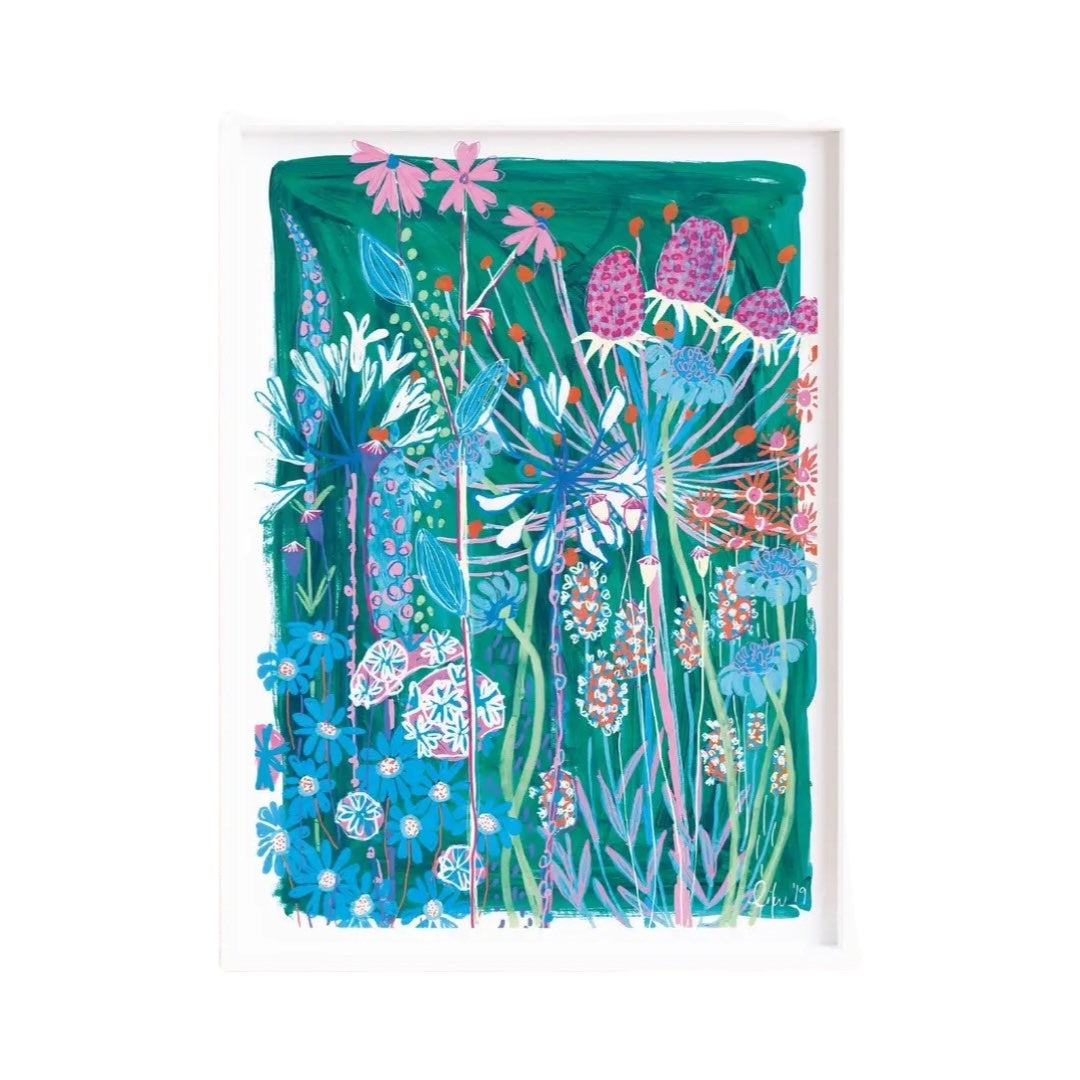 A beautiful print reproduced from an original painting featuring pink, blue and orange flowers on a turquoise background.