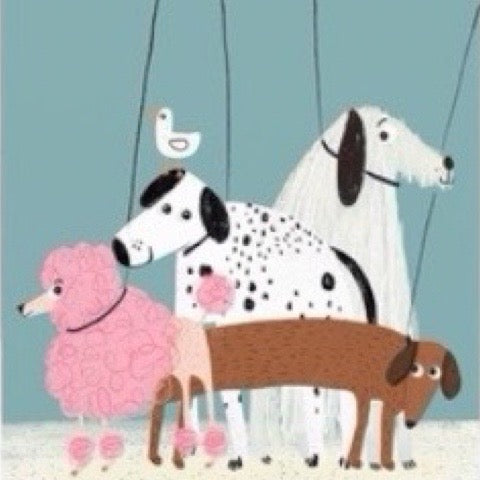Illustration of four dogs on a string against a light blue background.