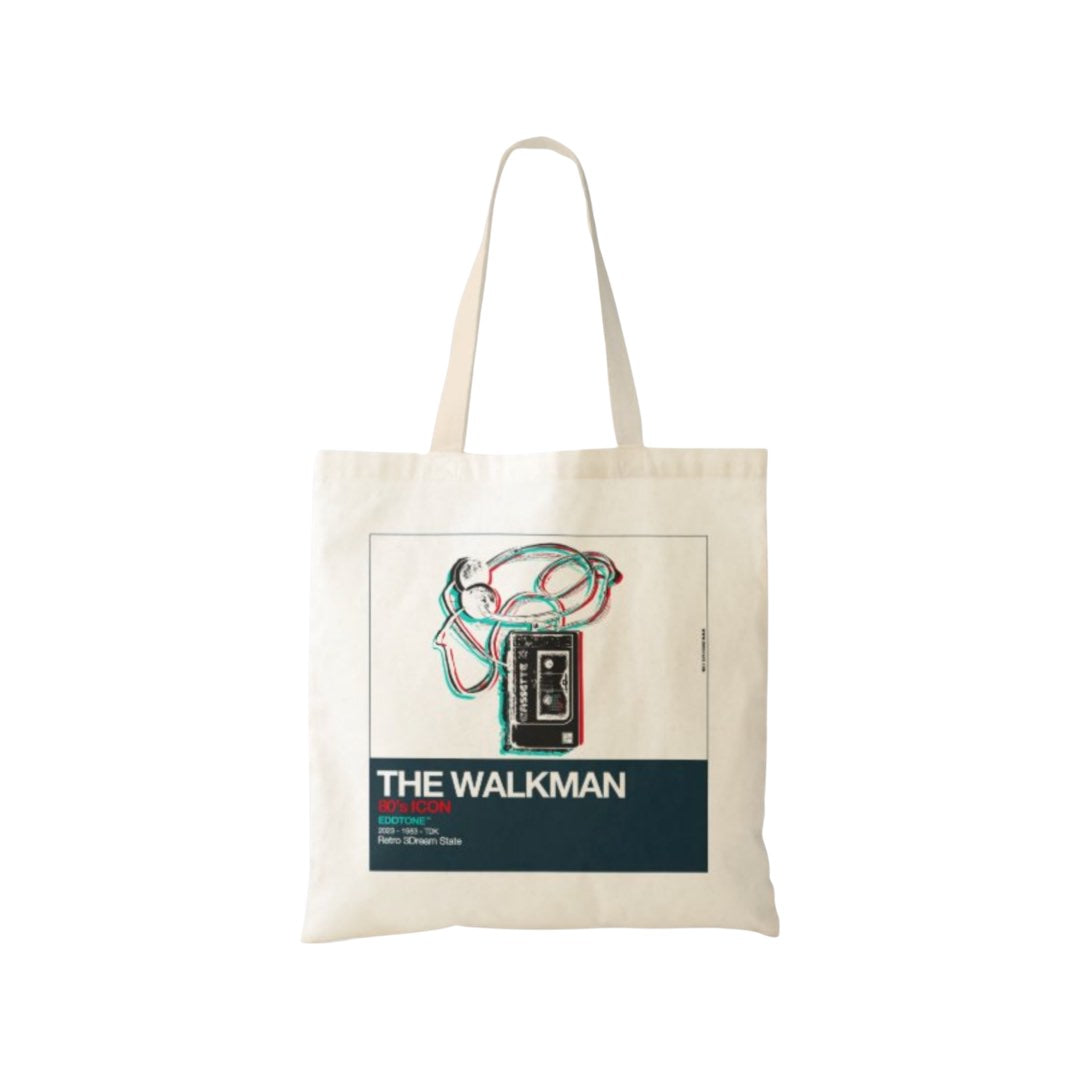 This tote bag features a square design of an illustration of the classic 80's walkman. Designed as part of the 'Eddtone' collection. Designed by Eddscape and printed in the UK.