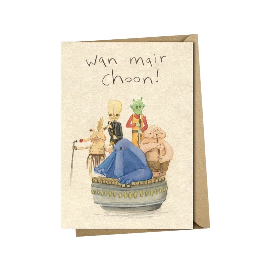 Greetings card ard featuring an illustration of the Max Rebo Band and friends from Star Wars.