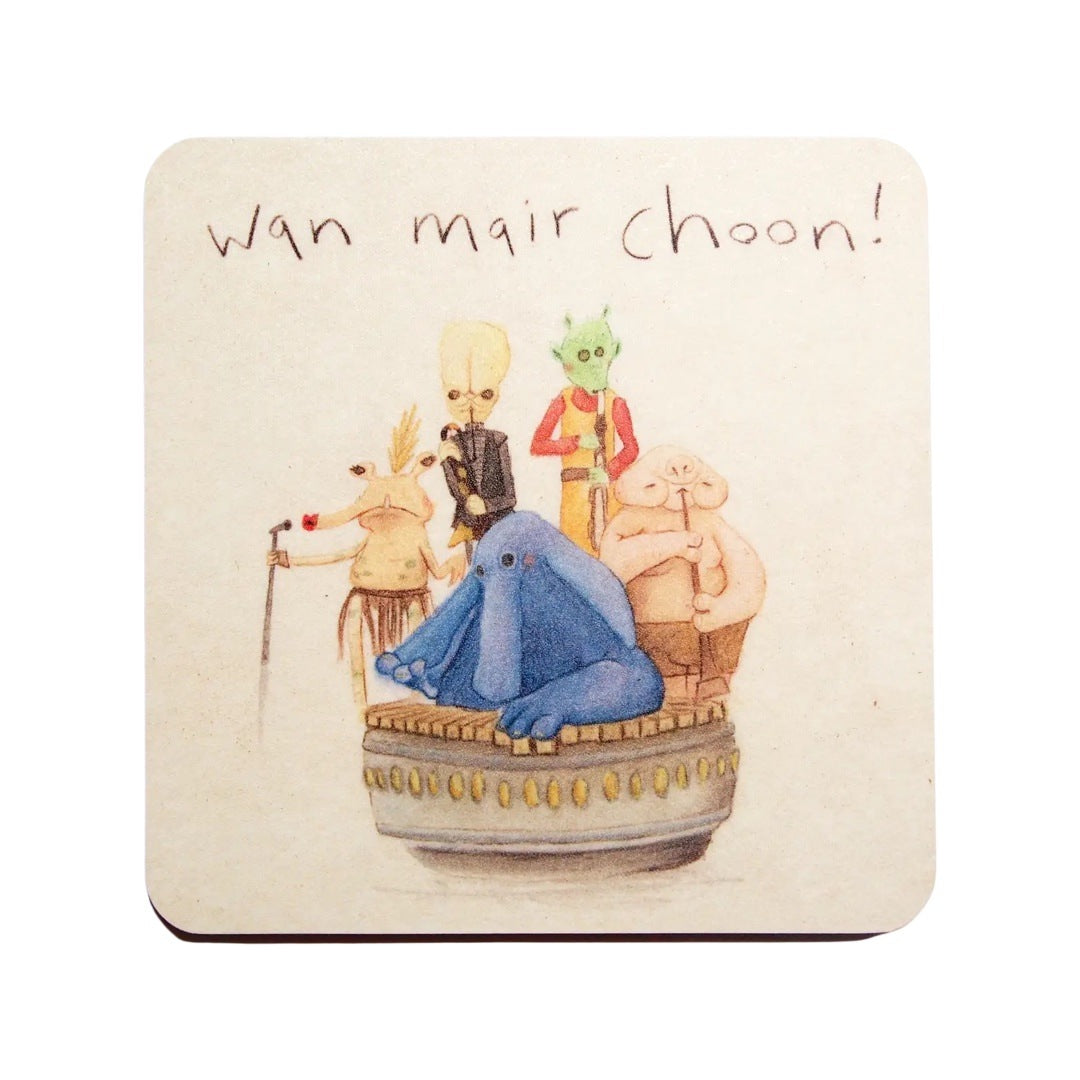 Coaster featuring an illustration of the Max Rebo Band and friends from Star Wars.